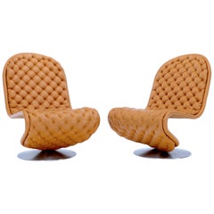 Vintage Pair of Verner Panton Tan Tufted Leather 123 Lounge Chairs