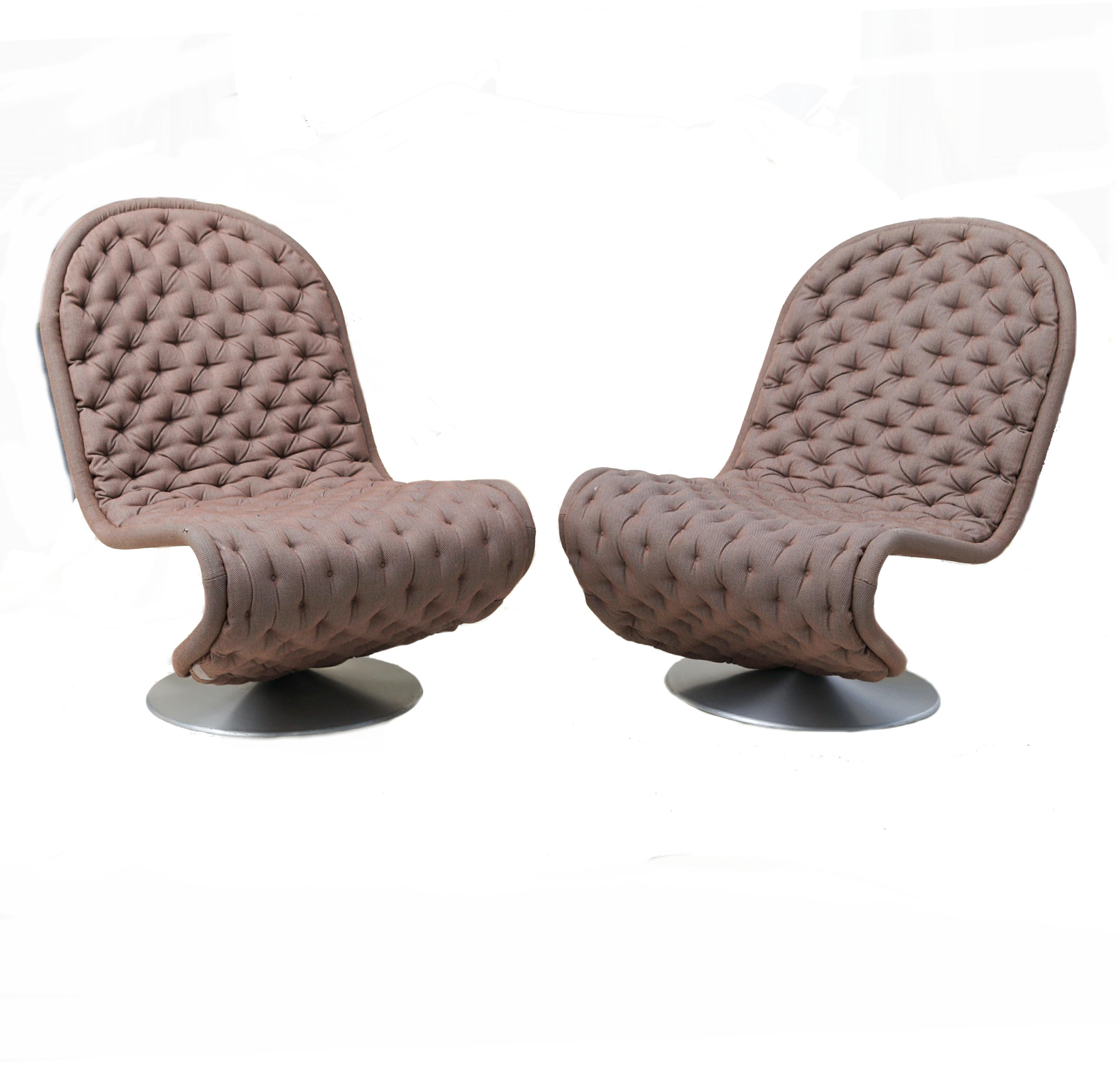 Pair of Verner Panton tufted 123 lounge chairs. Marked Verner Panton. If you are in the New Jersey , New York City Metro Area , please contact us with your delivery zip code, as we may be able to deliver curbside for less than the calculated White