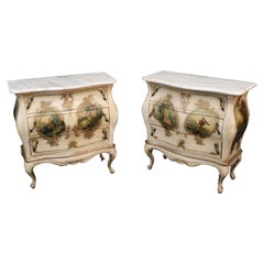 Pair of Vernis Martin Paint Decorated Marble Top Nightstands Commodes circa 1920