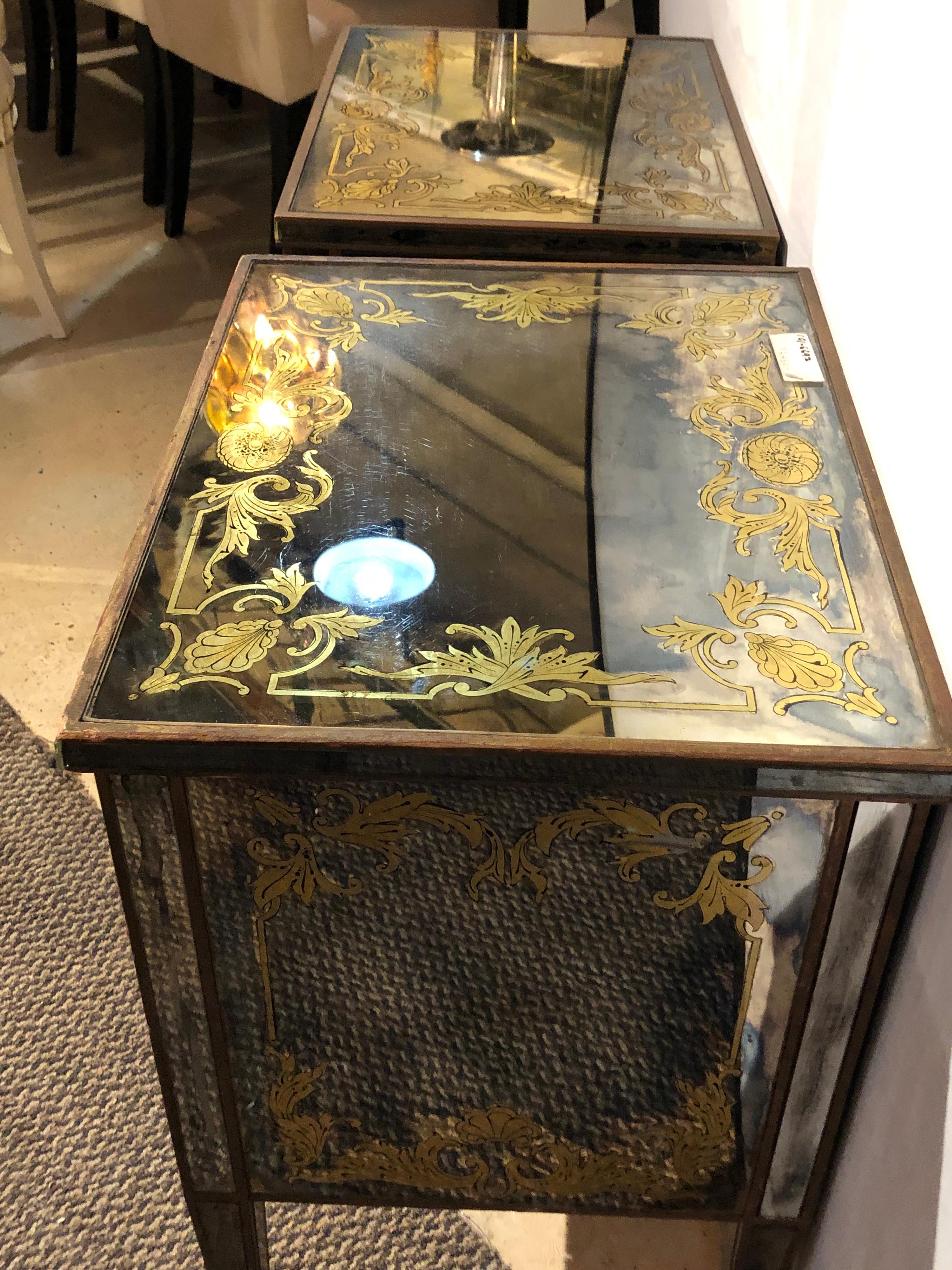 Pair of Verre Églomisé Compatible End Tables or Nightstands with Bakelite Pulls 8