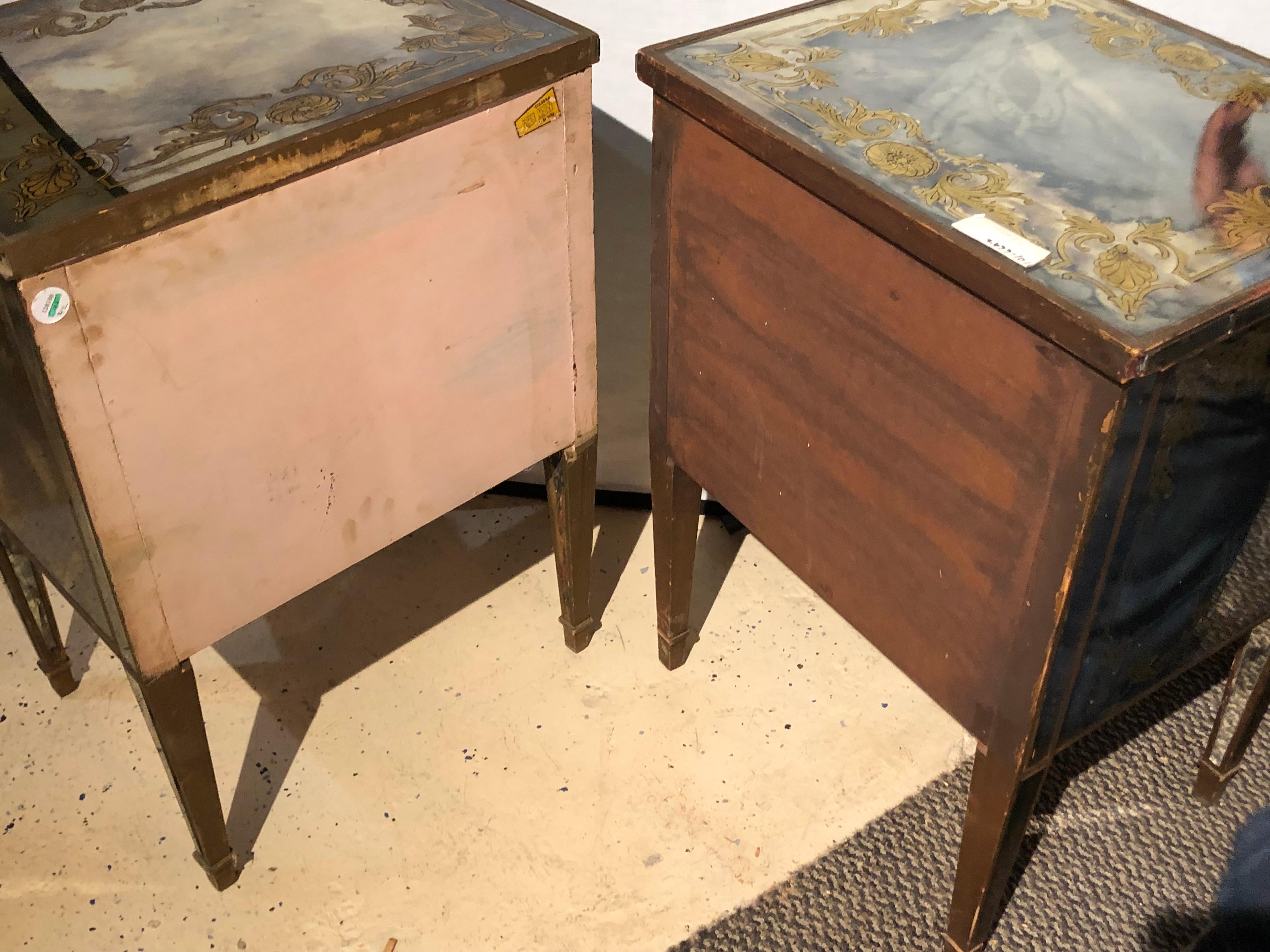 Pair of Verre Églomisé Compatible End Tables or Nightstands with Bakelite Pulls 9