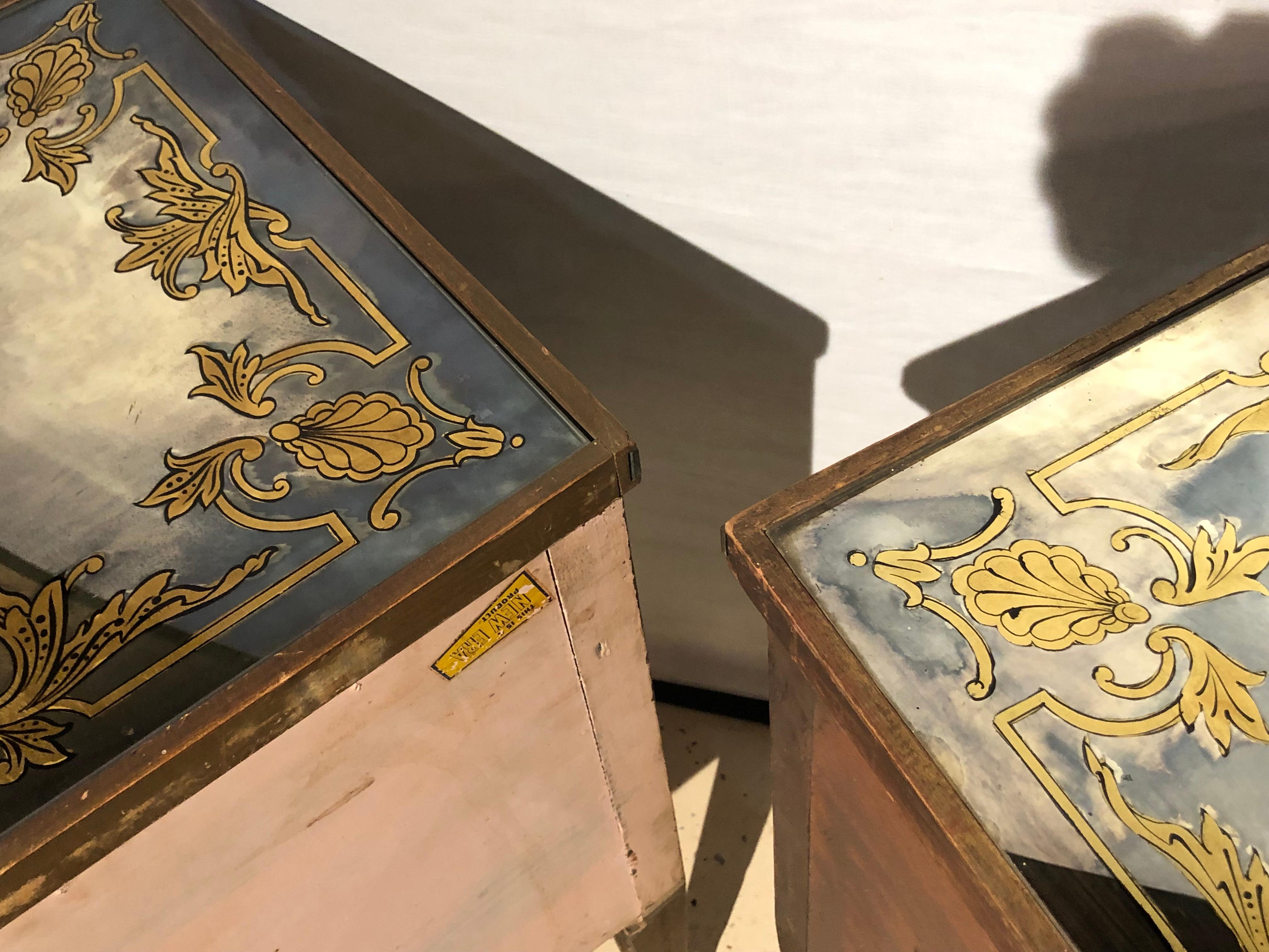Pair of Verre Églomisé Compatible End Tables or Nightstands with Bakelite Pulls 10