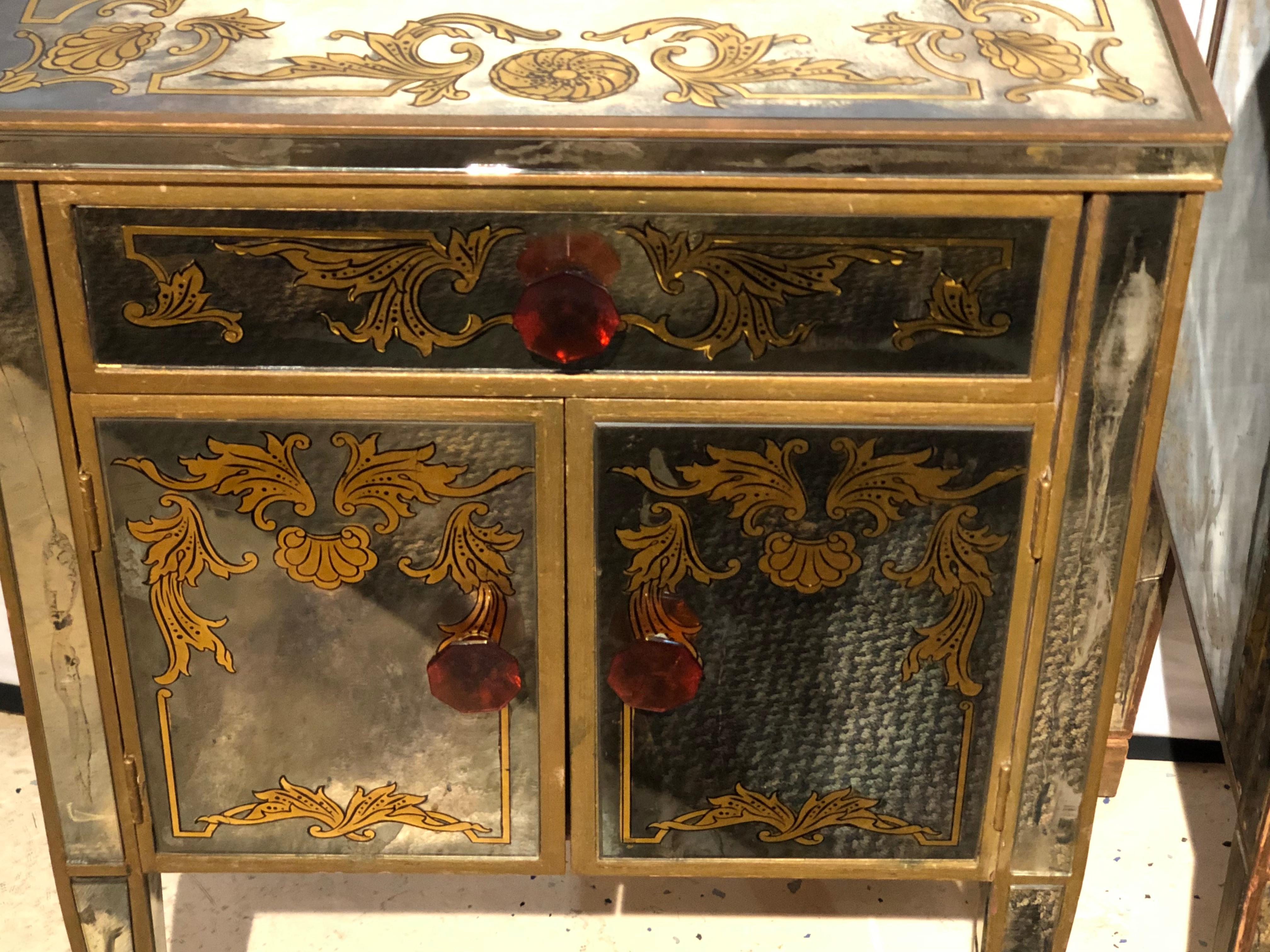 Hollywood Regency Pair of Verre Églomisé Compatible End Tables or Nightstands with Bakelite Pulls
