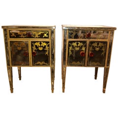 Pair of Verre Églomisé Compatible End Tables or Nightstands with Bakelite Pulls