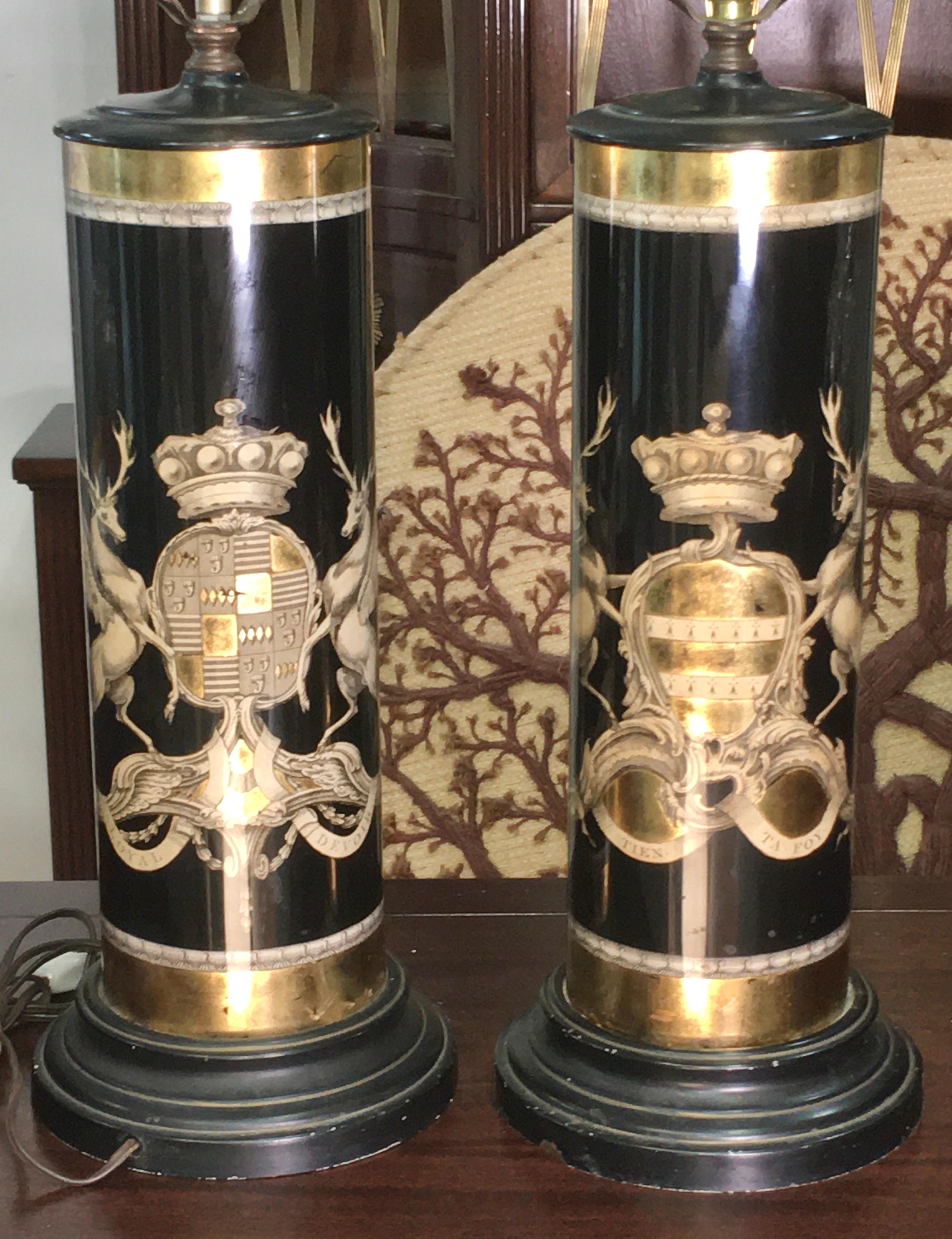 Art Deco Pair of Verre Églomisé Lamps Coats of Arms for the Earls Bathurst and Granville For Sale