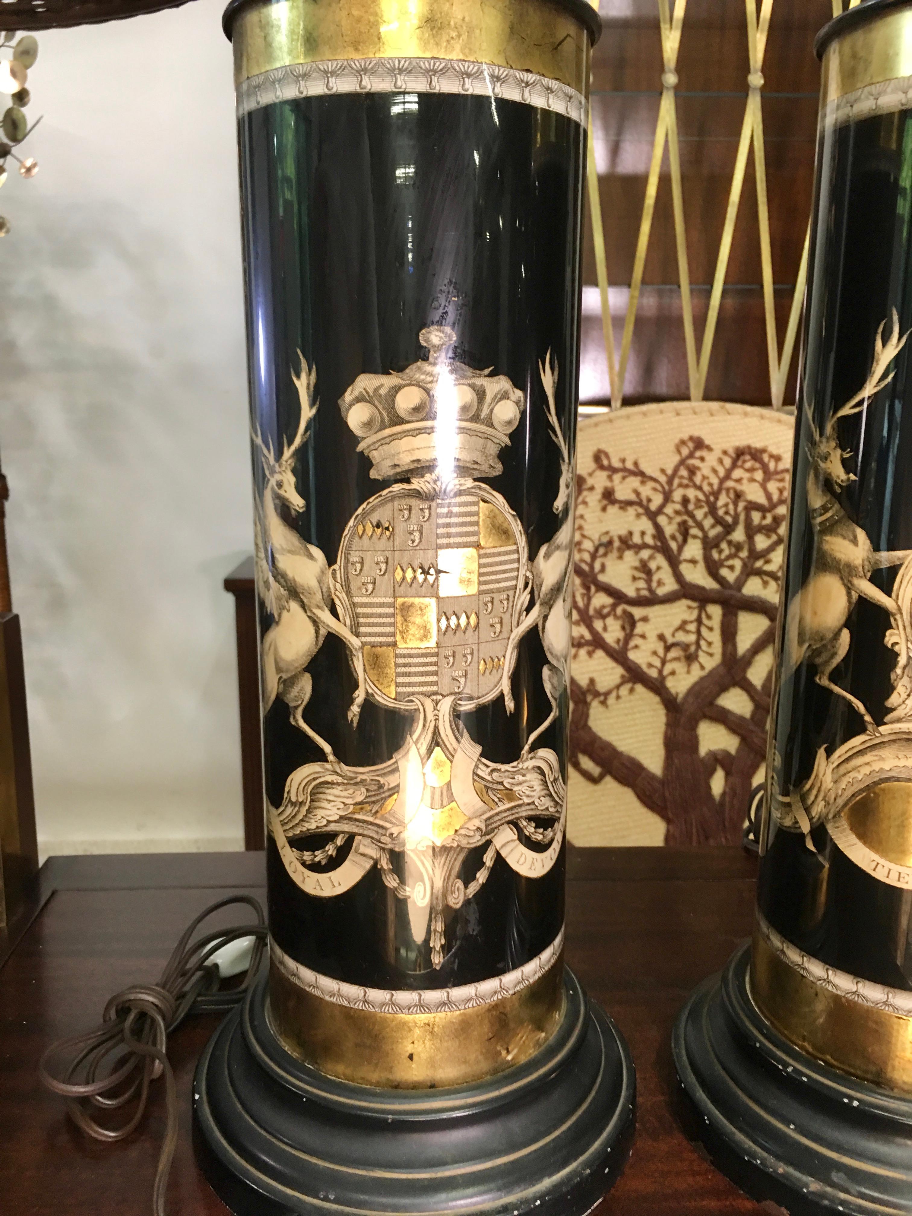 British Pair of Verre Églomisé Lamps Coats of Arms for the Earls Bathurst and Granville For Sale