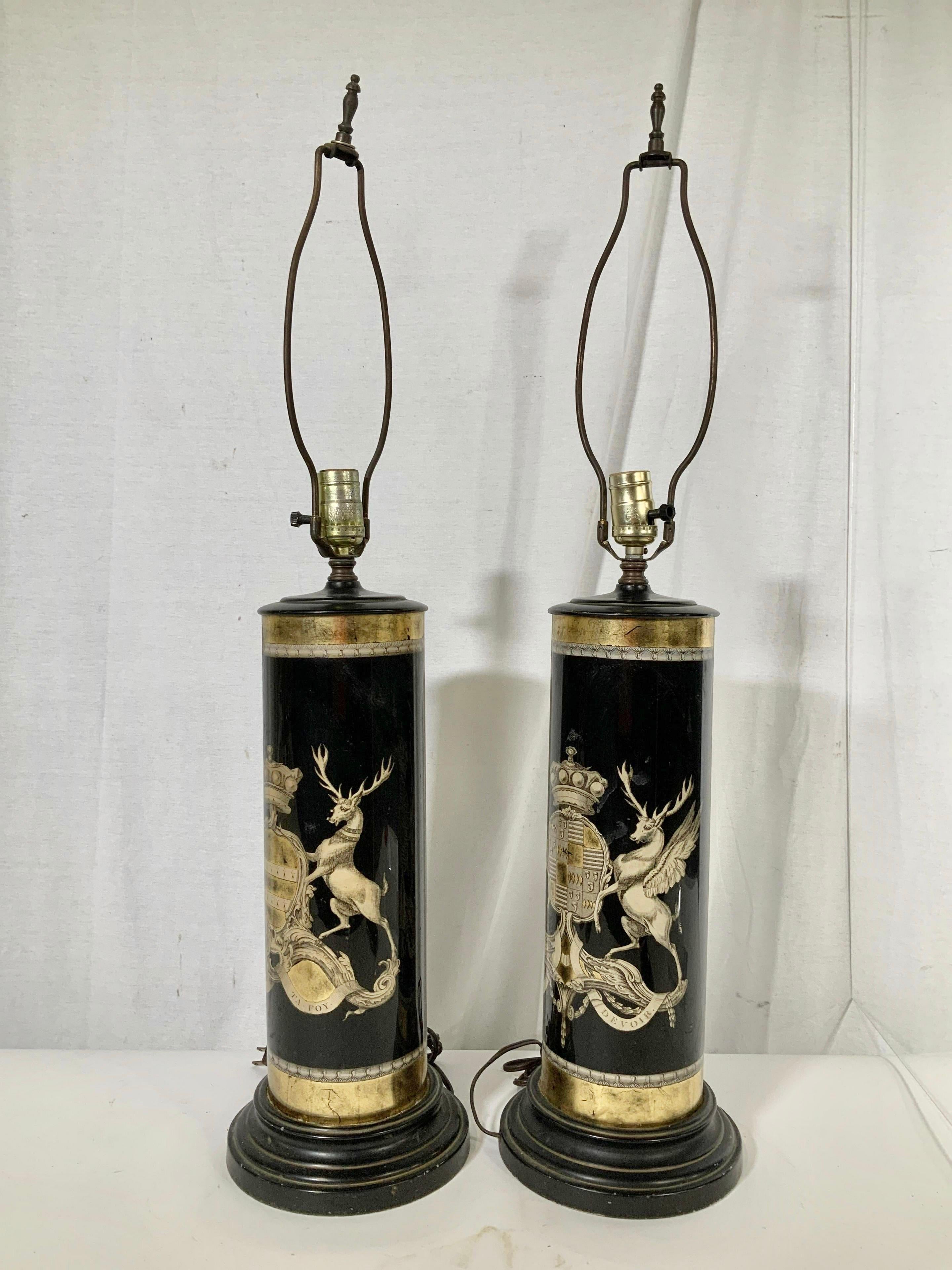 Mercury Glass Pair of Verre Églomisé Lamps Coats of Arms for the Earls Bathurst and Granville For Sale