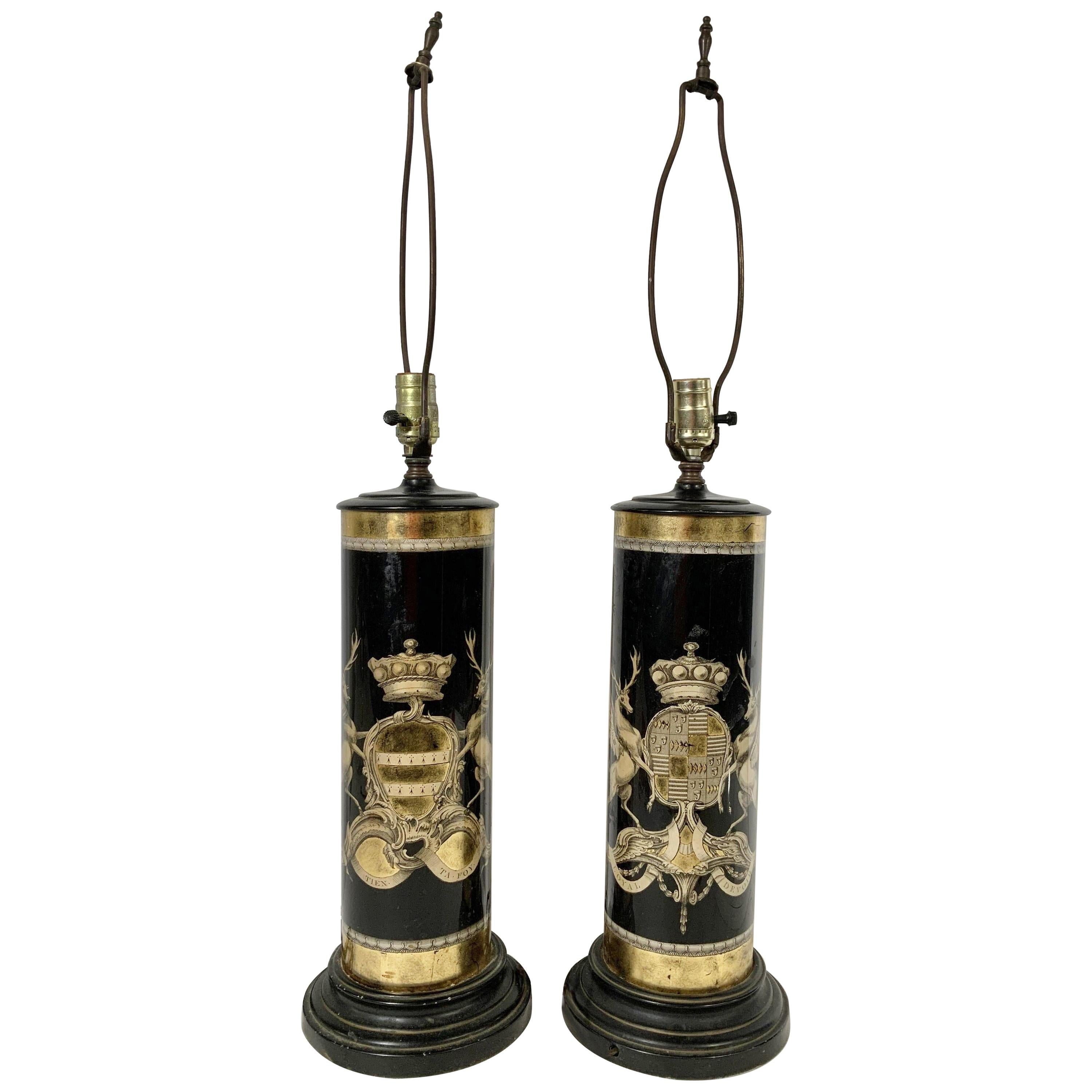 Pair of Verre Églomisé Lamps Coats of Arms for the Earls Bathurst and Granville