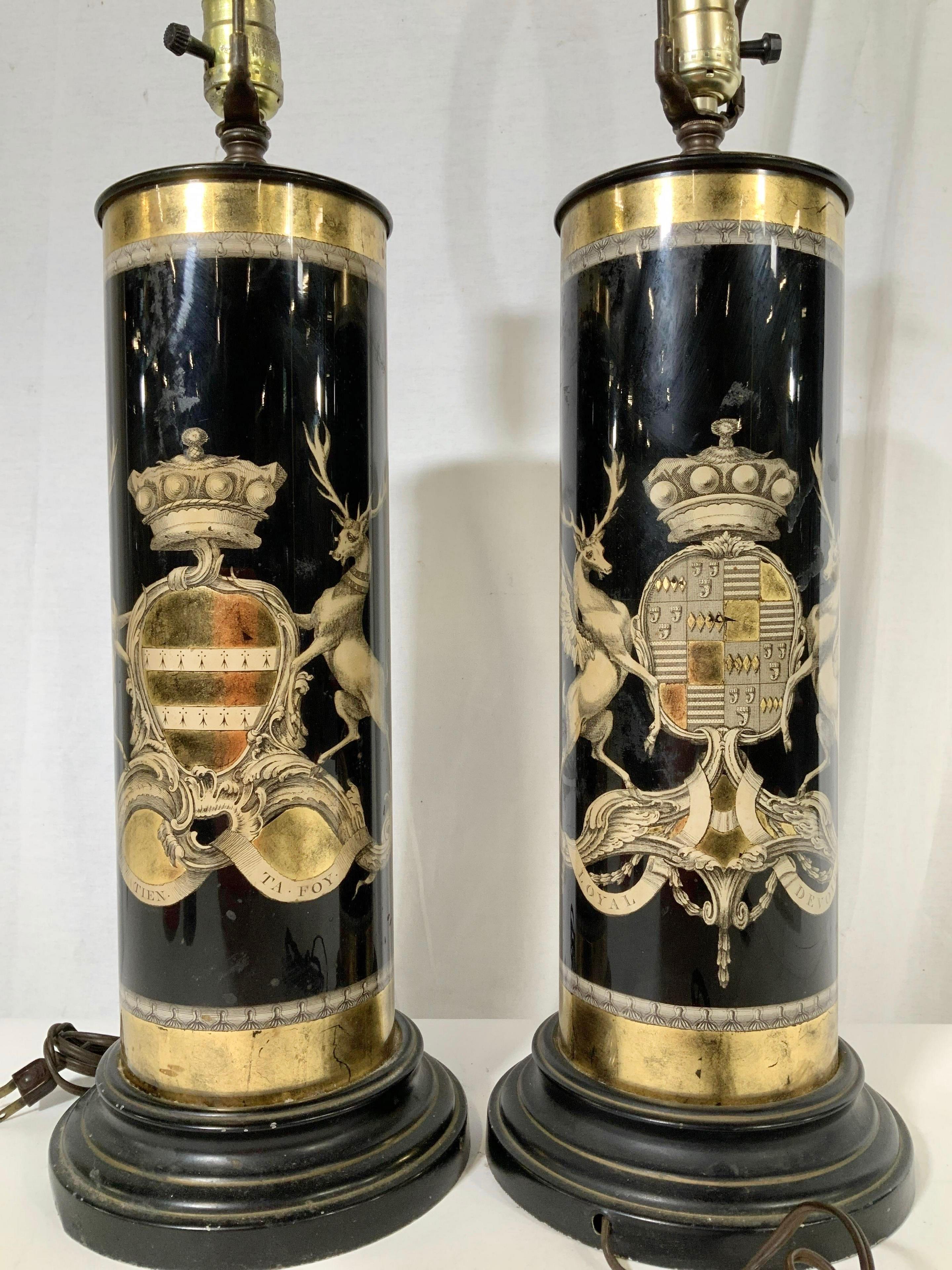 Mid-20th Century Pair of Verre Églomisé Lamps Coats of Arms for the Earls Bathurst and Granville For Sale