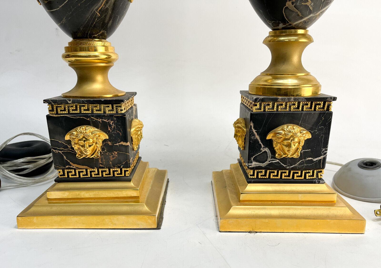 20th Century Pair of Versace Gilt Bronze Mounted Marble Lamps For Sale