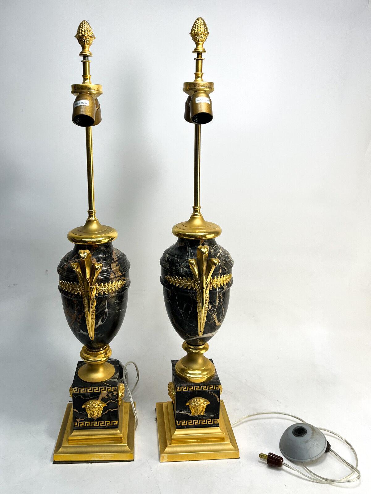 Pair of Versace Gilt Bronze Mounted Marble Lamps For Sale 1
