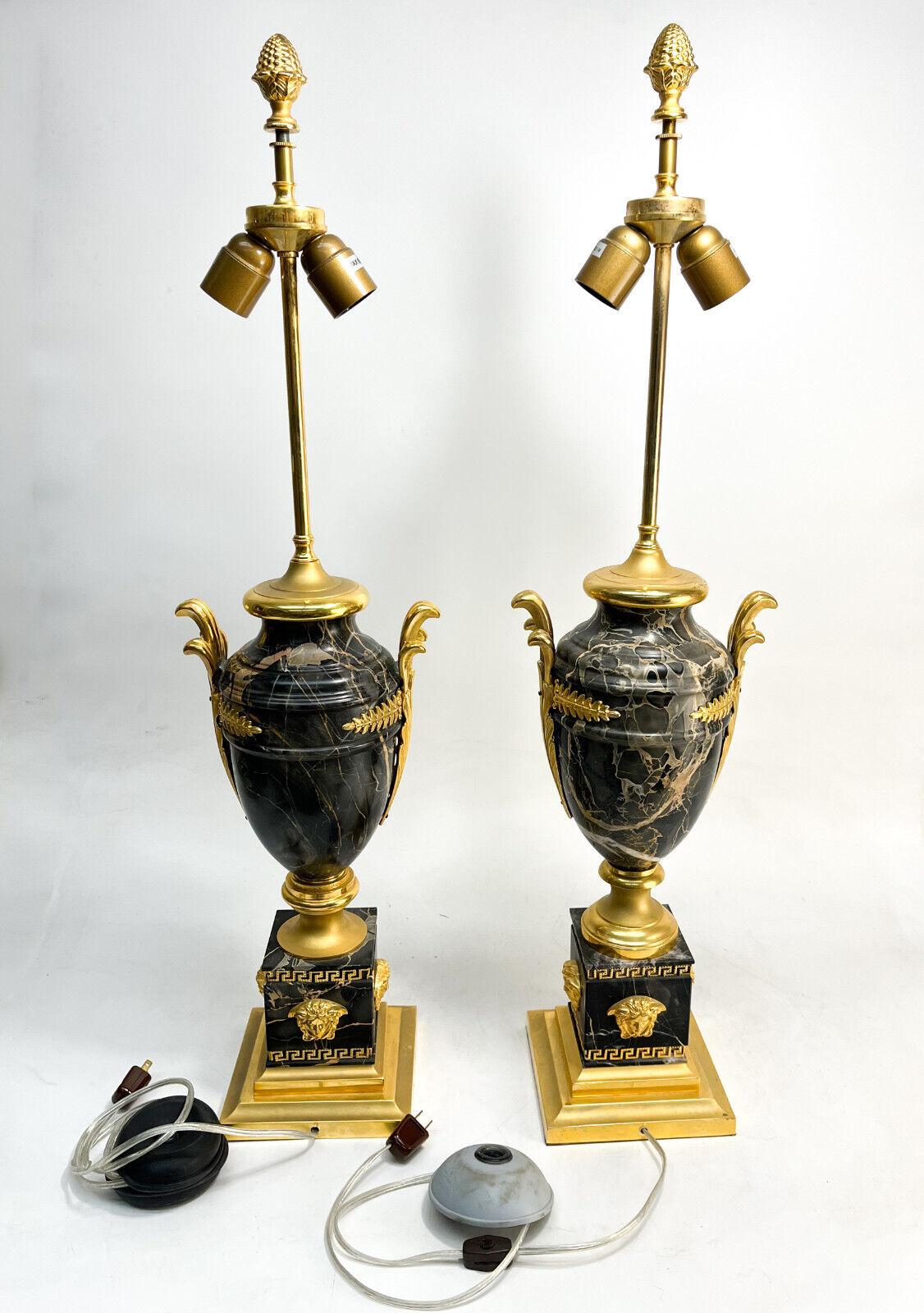 Pair of Versace Gilt Bronze Mounted Marble Lamps In Good Condition For Sale In Gardena, CA