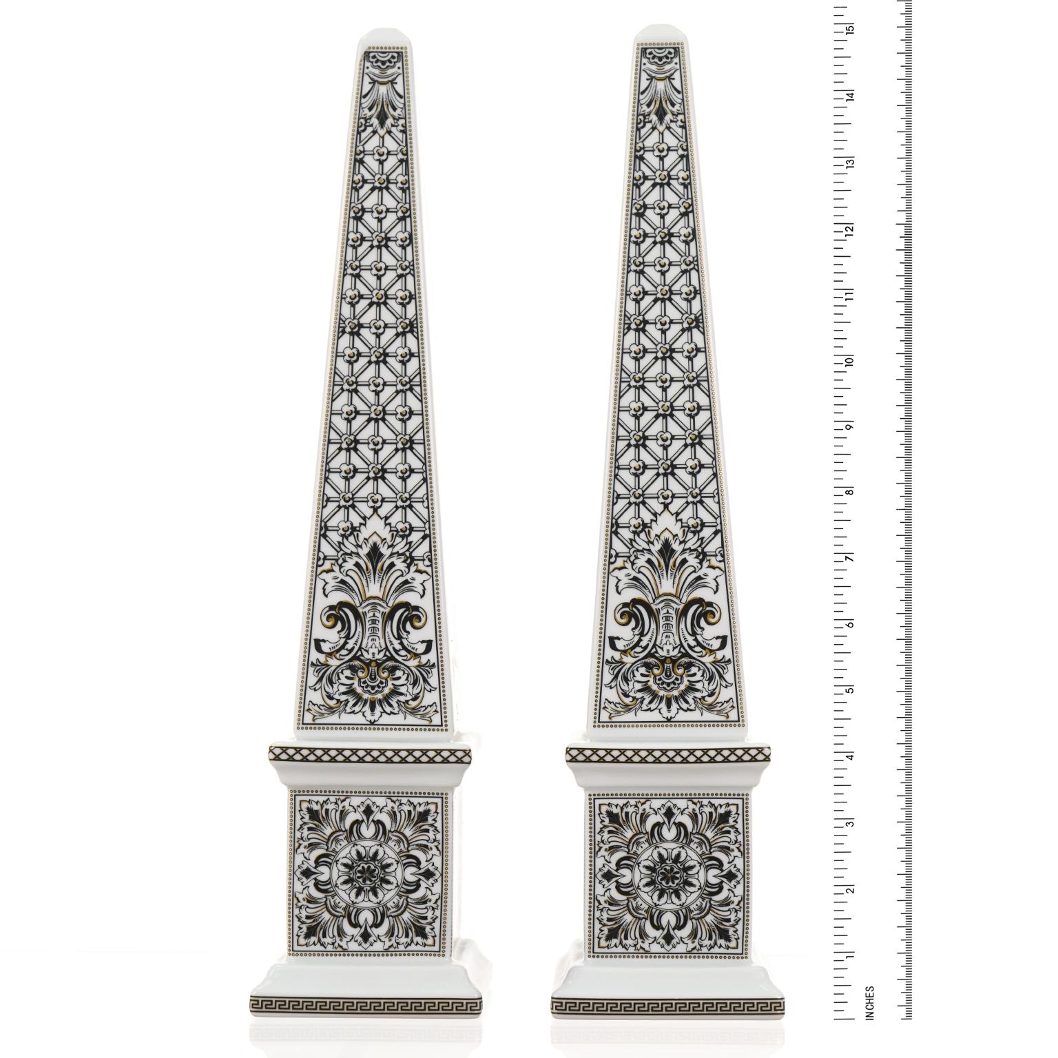 German Pair of Versace Marqueterie Pattern Obelisks For Sale