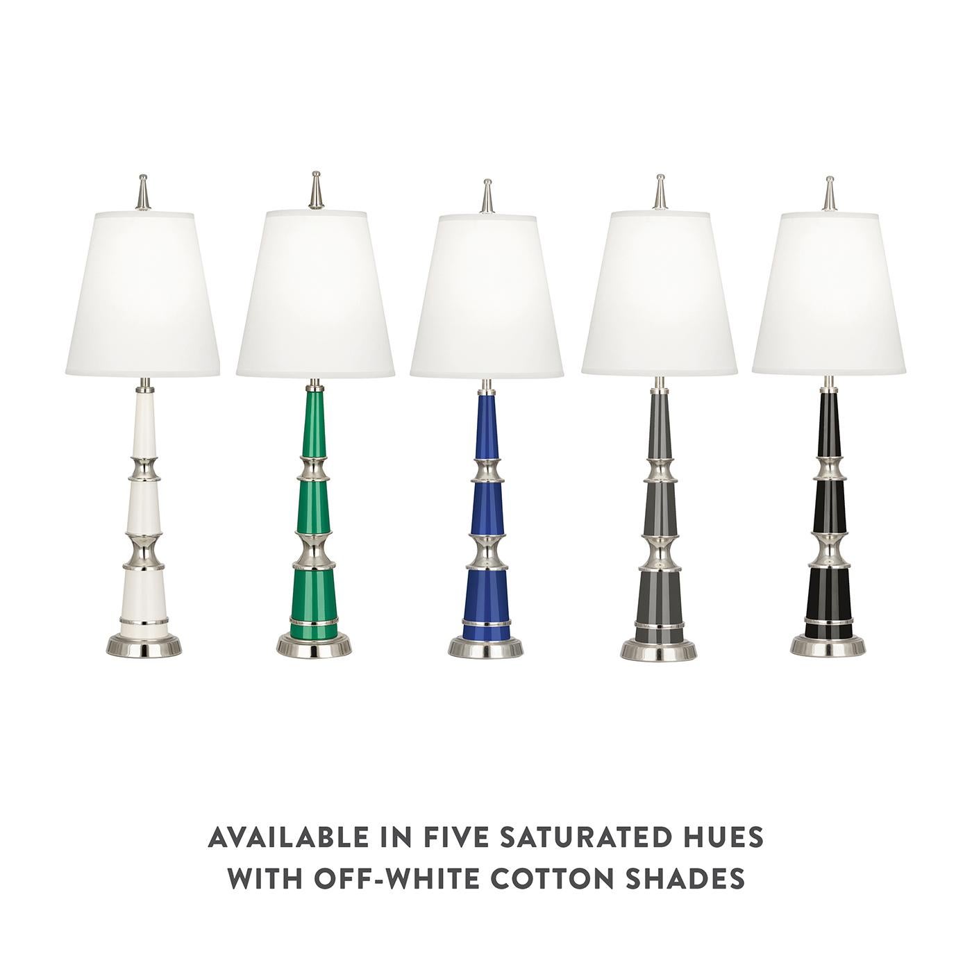 Colorful classicism. Inspired by scrolling neoclassical candlesticks, our Versailles collection is boldly traditional and totally today, thanks to a smart combo of powder-coated color with natural nickel accents.

Candlestick lamps, like our