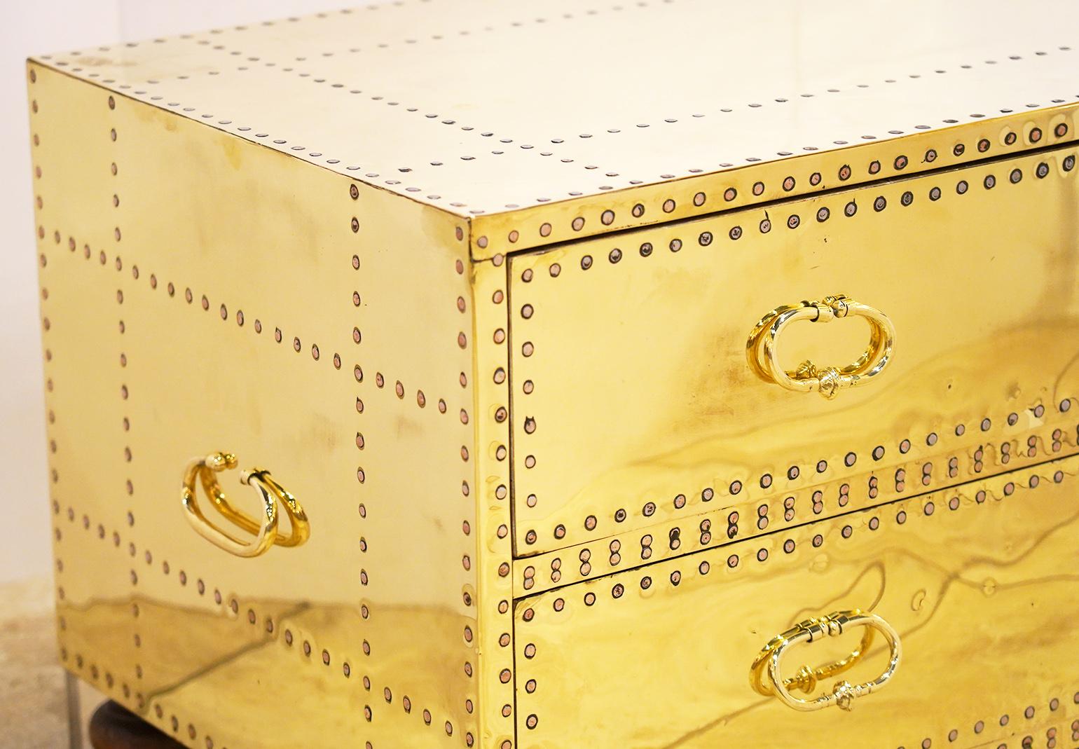 Mid-Century Modern Pair of Versatile Polished Brass Clad Two-Drawer Chests by Sarreid, Spain
