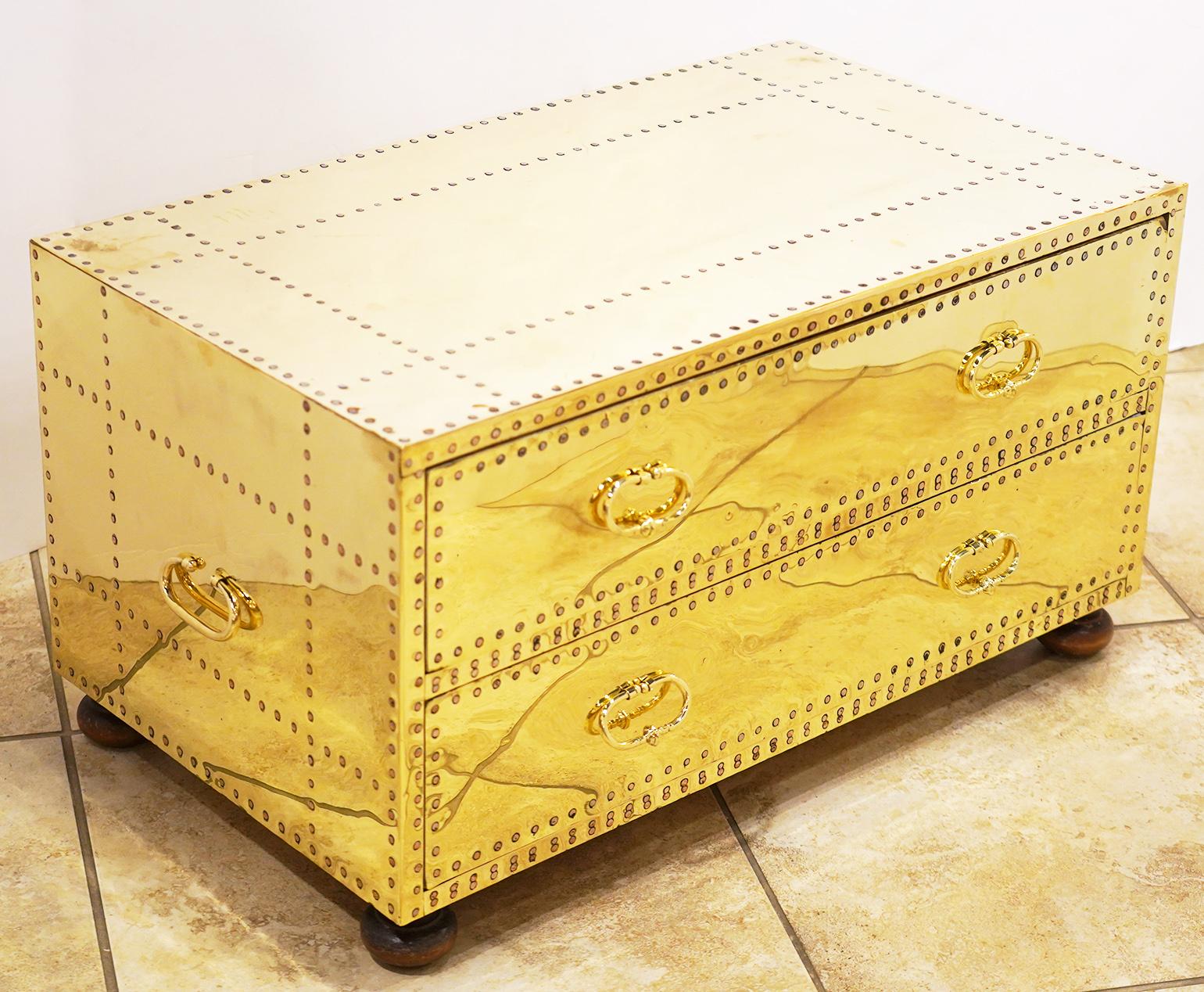 Spanish Pair of Versatile Polished Brass Clad Two-Drawer Chests by Sarreid, Spain