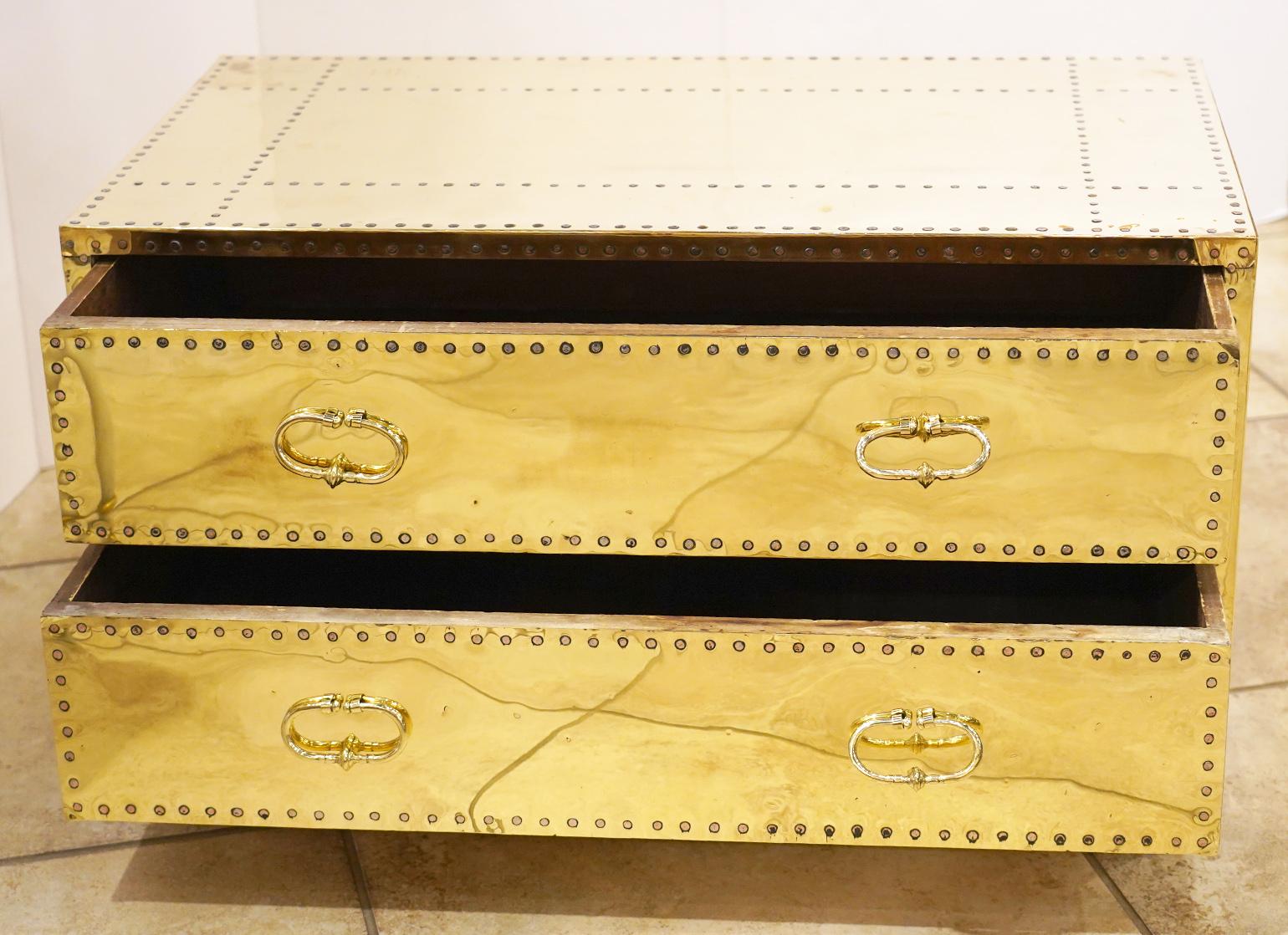 20th Century Pair of Versatile Polished Brass Clad Two-Drawer Chests by Sarreid, Spain