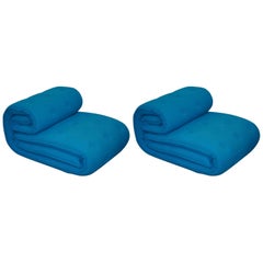 Pair of Versus Roulade Lounge Love Chairs by KiBiSi in Blue Fabric