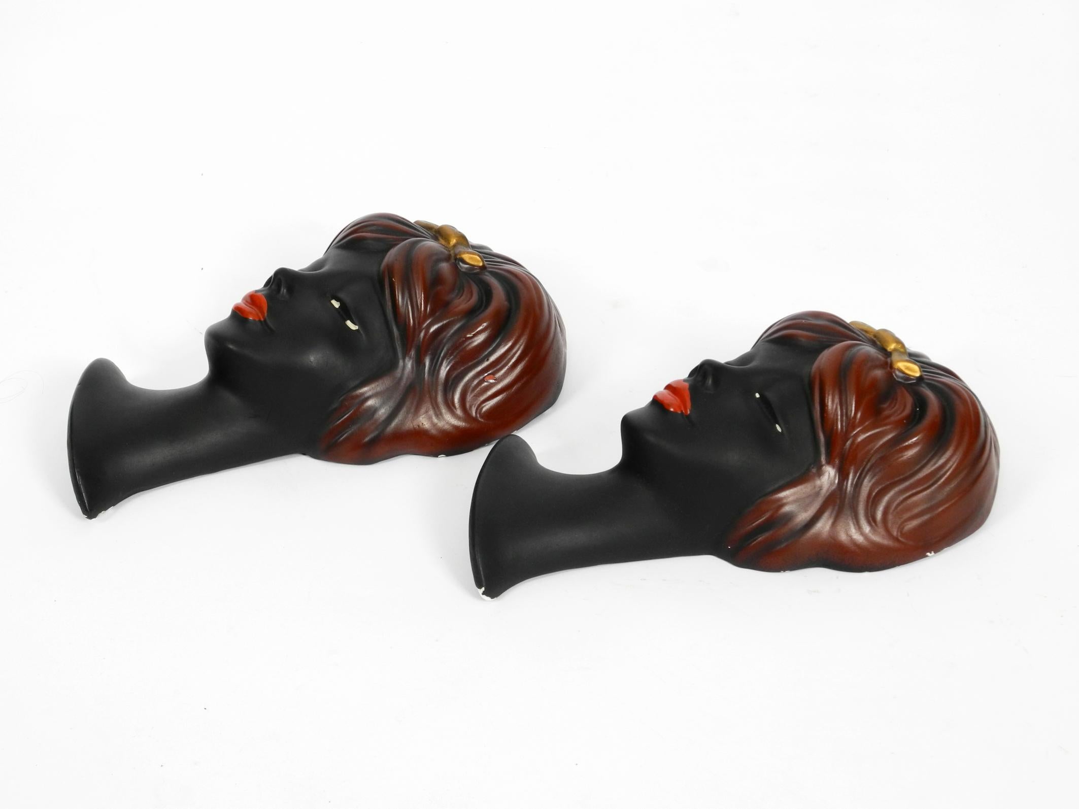 German Pair of Very Beautiful Original Midcentury Hand Painted Ceramic Women Faces For Sale