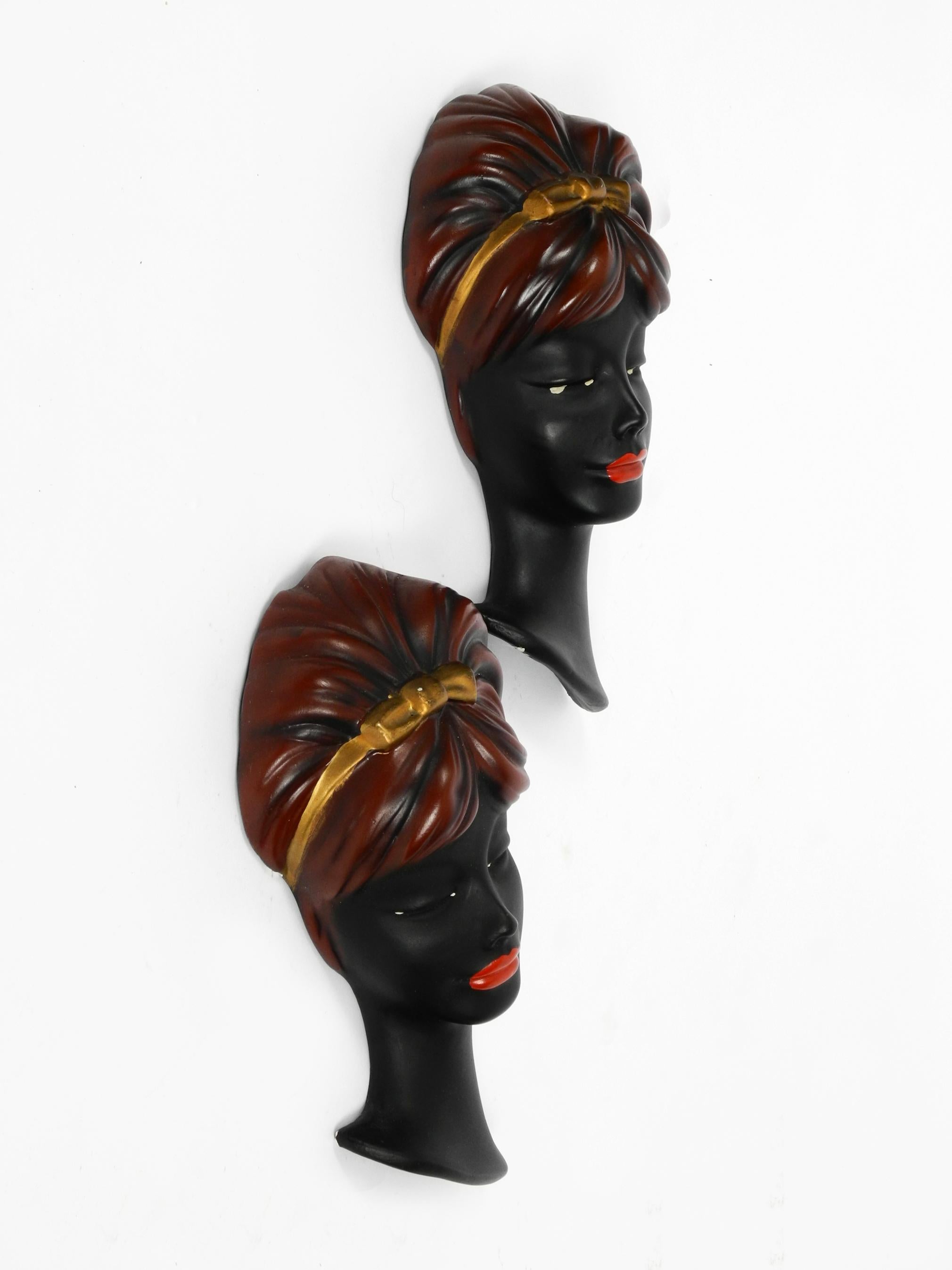 Pair of Very Beautiful Original Midcentury Hand Painted Ceramic Women Faces In Good Condition For Sale In München, DE