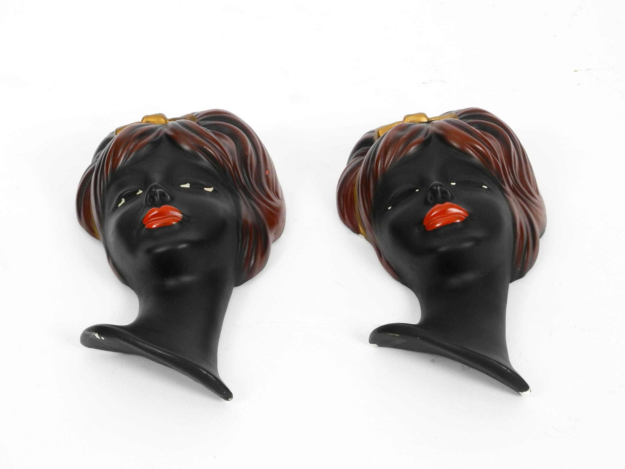 Pair of Very Beautiful Original Midcentury Hand Painted Ceramic Women Faces For Sale 2