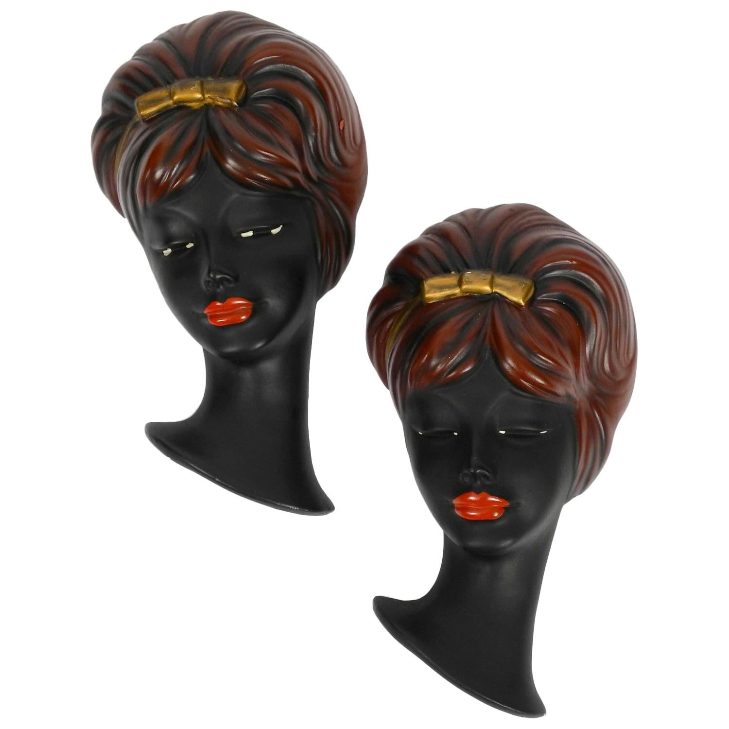 Pair of Very Beautiful Original Midcentury Hand Painted Ceramic Women Faces For Sale