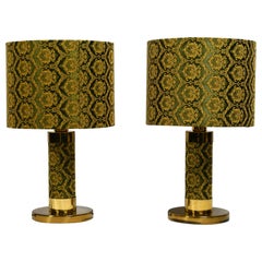 Vintage Pair of Very Elegant Large 1970s Brass Table Lamps with Embroidered Silk Covered