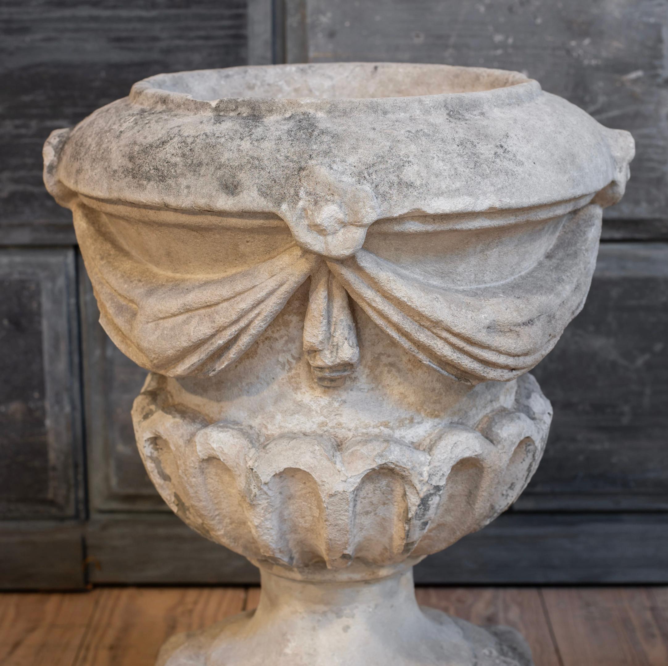 18th Century Pair of Very Good 18th C Carved Garden Urns with Draped Swags and Flouted Bowls For Sale