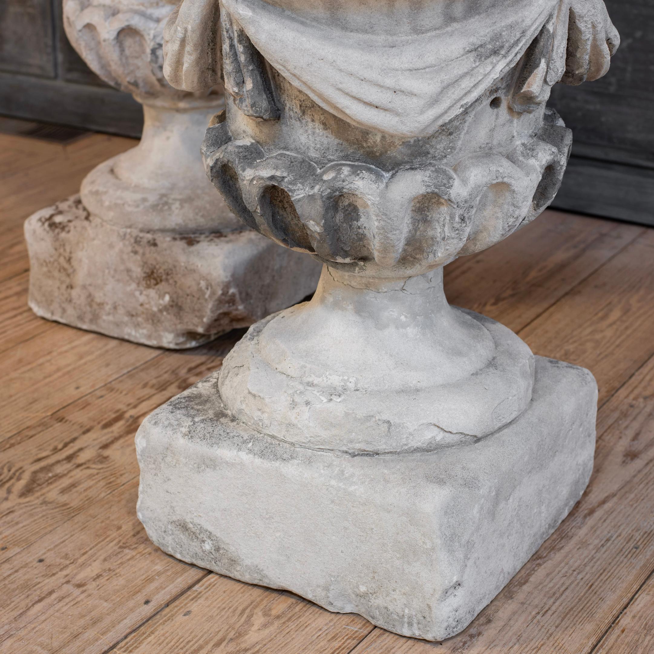 Limestone Pair of Very Good 18th C Carved Garden Urns with Draped Swags and Flouted Bowls For Sale