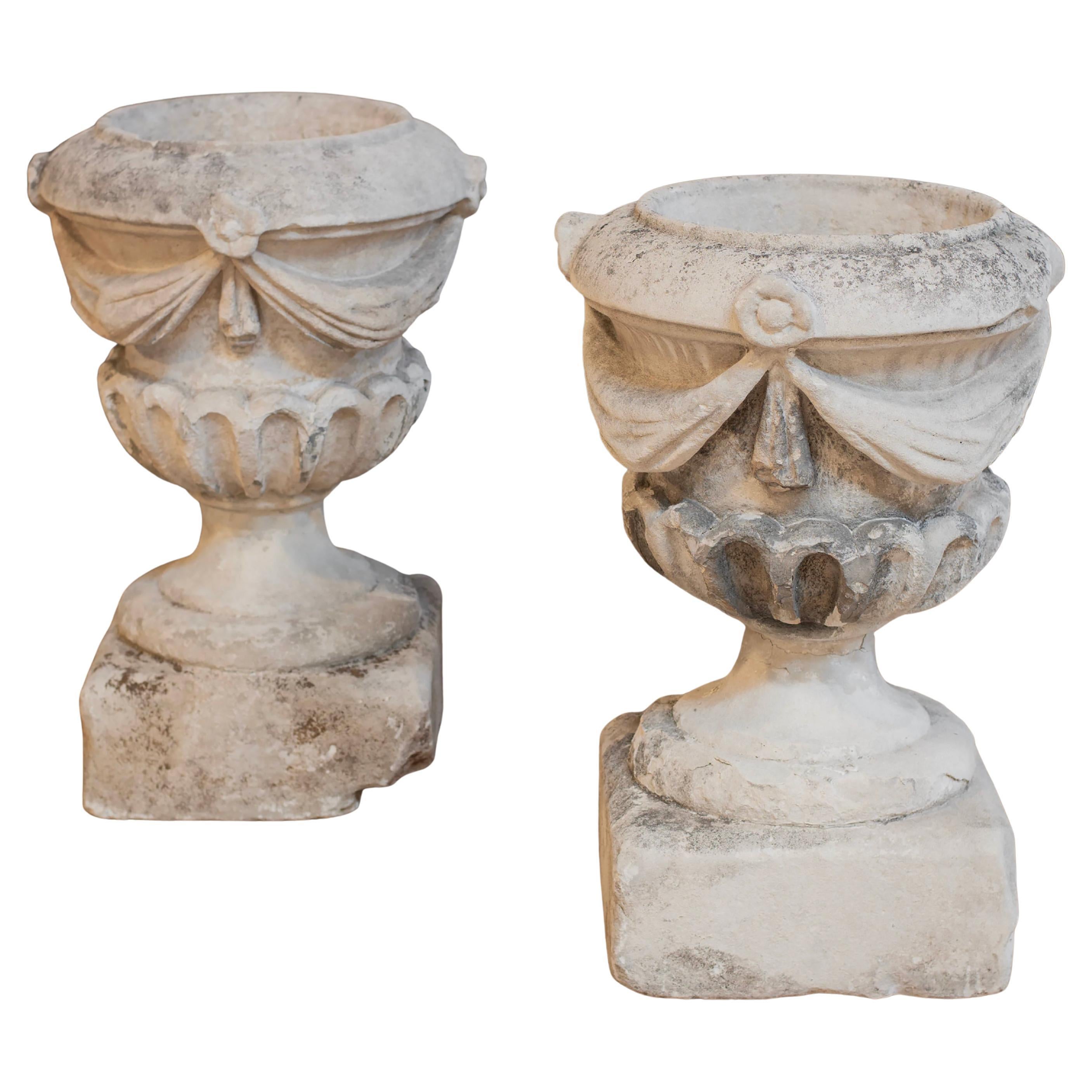 Pair of Very Good 18th C Carved Garden Urns with Draped Swags and Flouted Bowls For Sale