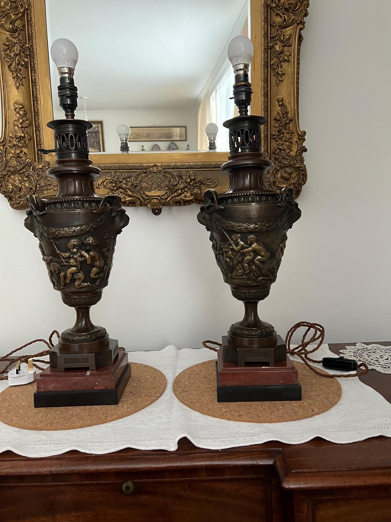 Cast Pair Of Very Good Bronze Oil Lamps For Sale