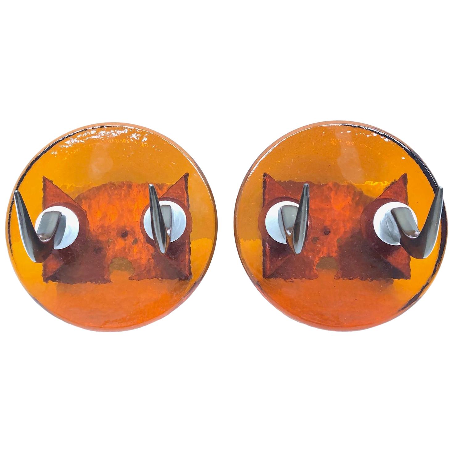 Pair of Very Heavy Textured Glass & Metal Cow Horn Mid-Century Modern Wall Hooks For Sale