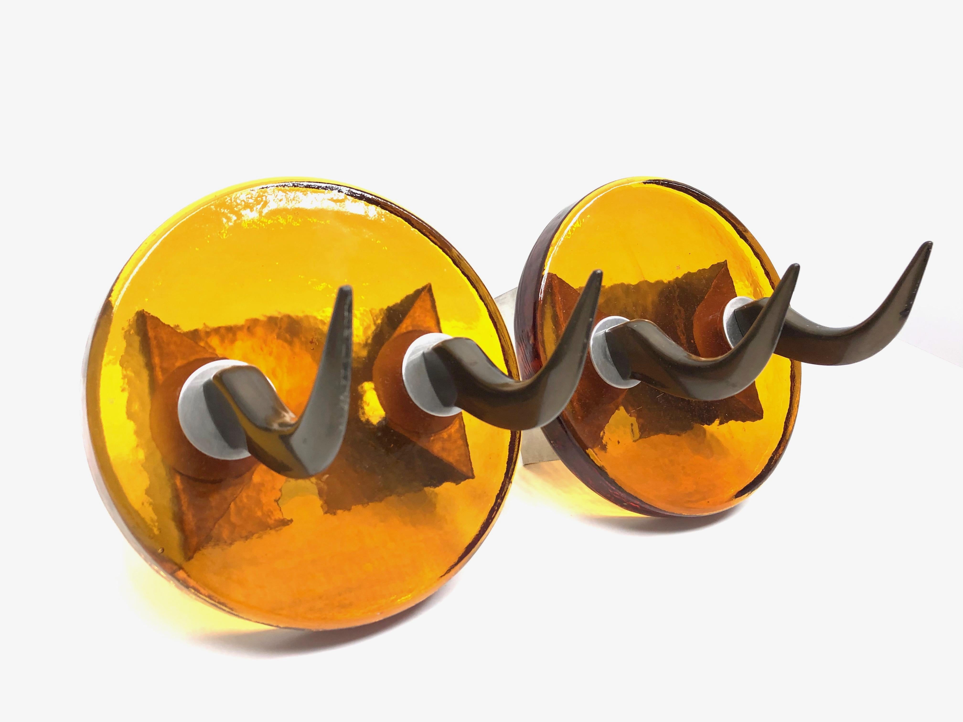 German Pair of Very Heavy Textured Glass & Metal Cow Horn Mid-Century Modern Wall Hooks For Sale