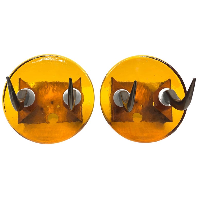 Pair of Very Heavy Textured Glass and Metal Cow Horn Mid-Century Modern  Wall Hooks For Sale at 1stDibs