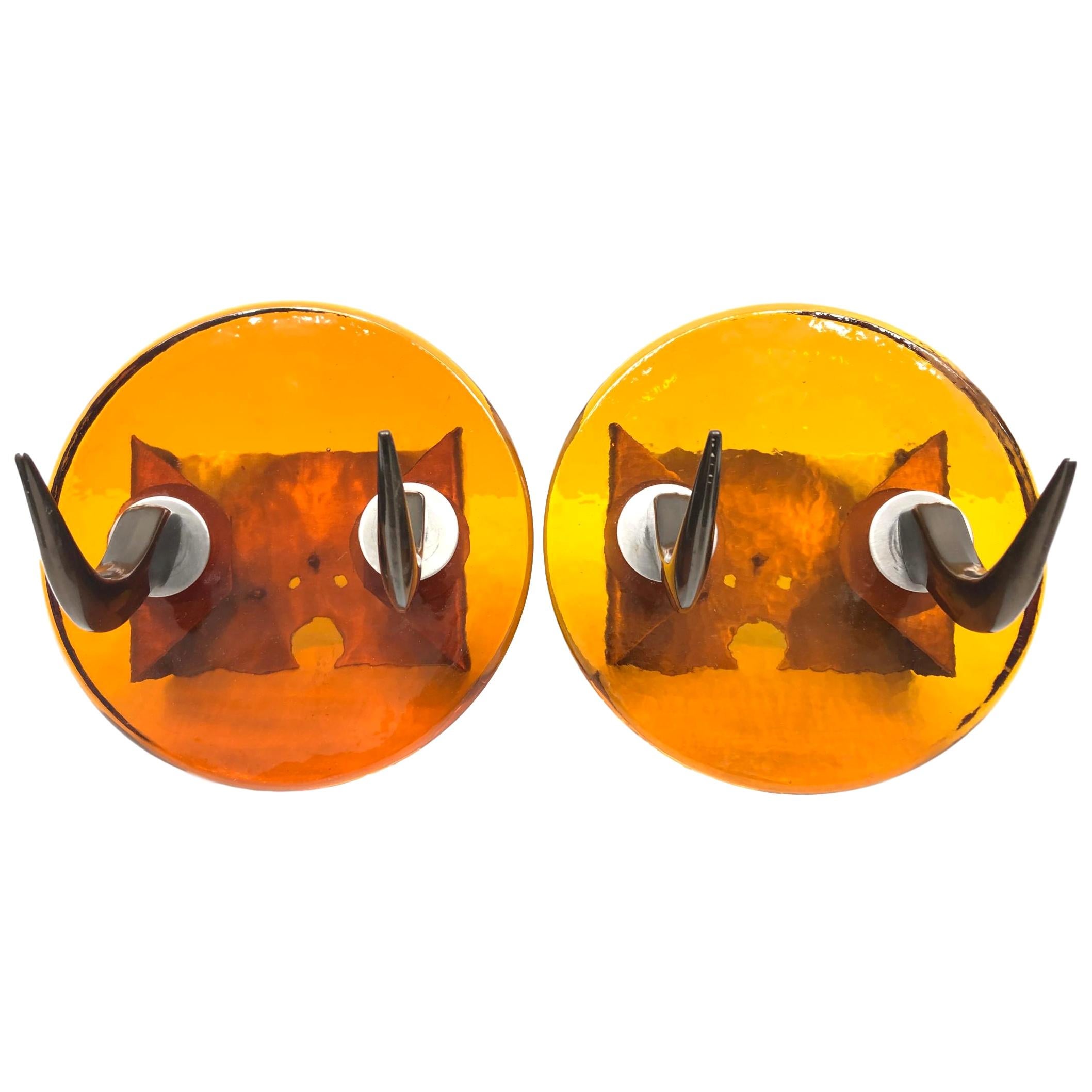 Pair of Very Heavy Textured Glass & Metal Cow Horn Mid-Century Modern Wall Hooks For Sale