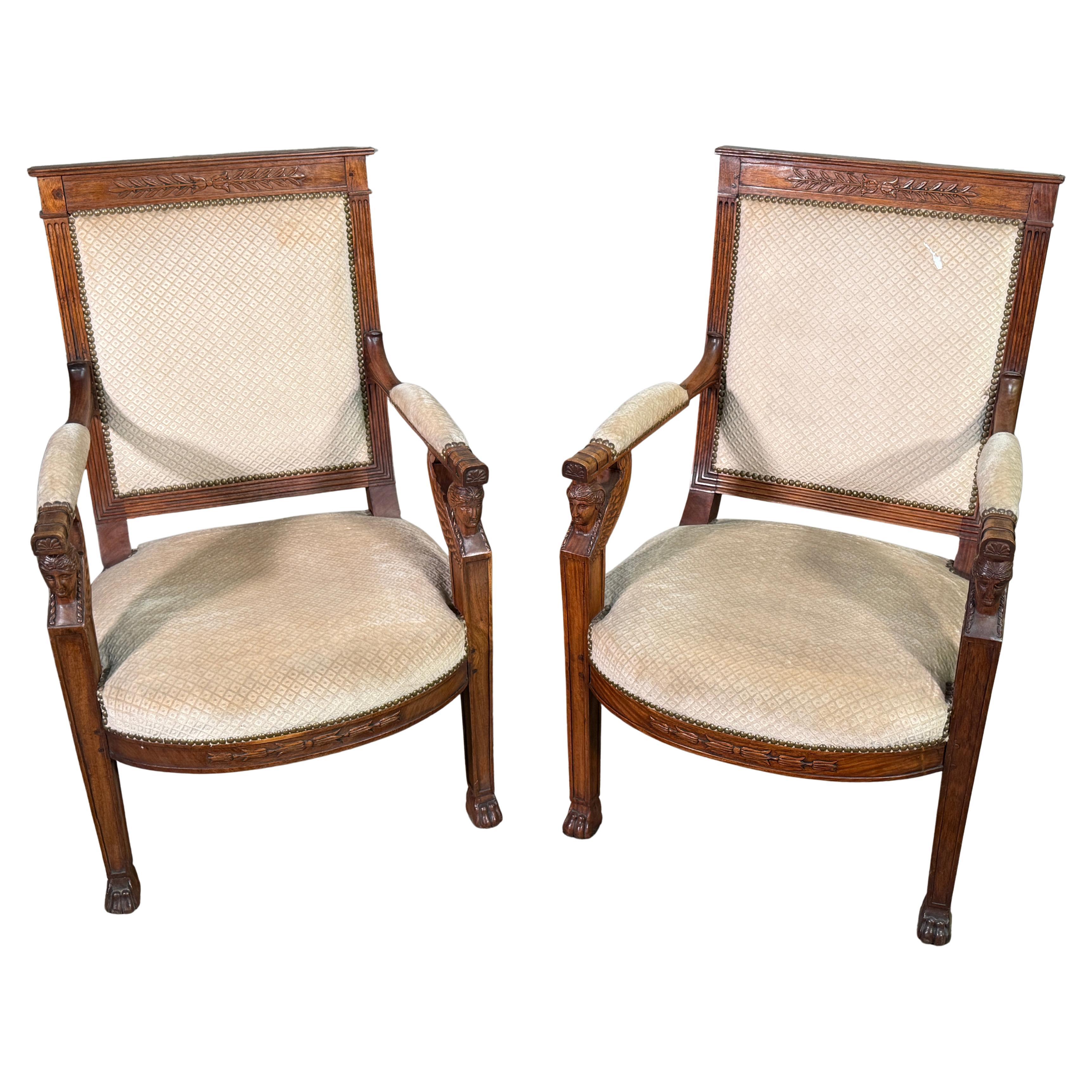 Pair of  Empire Consulate Mahogany Chairs Griffin Heads & Paw Feet