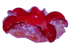 Pair of Very Intense Red Murano Sommerso Silver Flecks Ruffled Edge Bowls