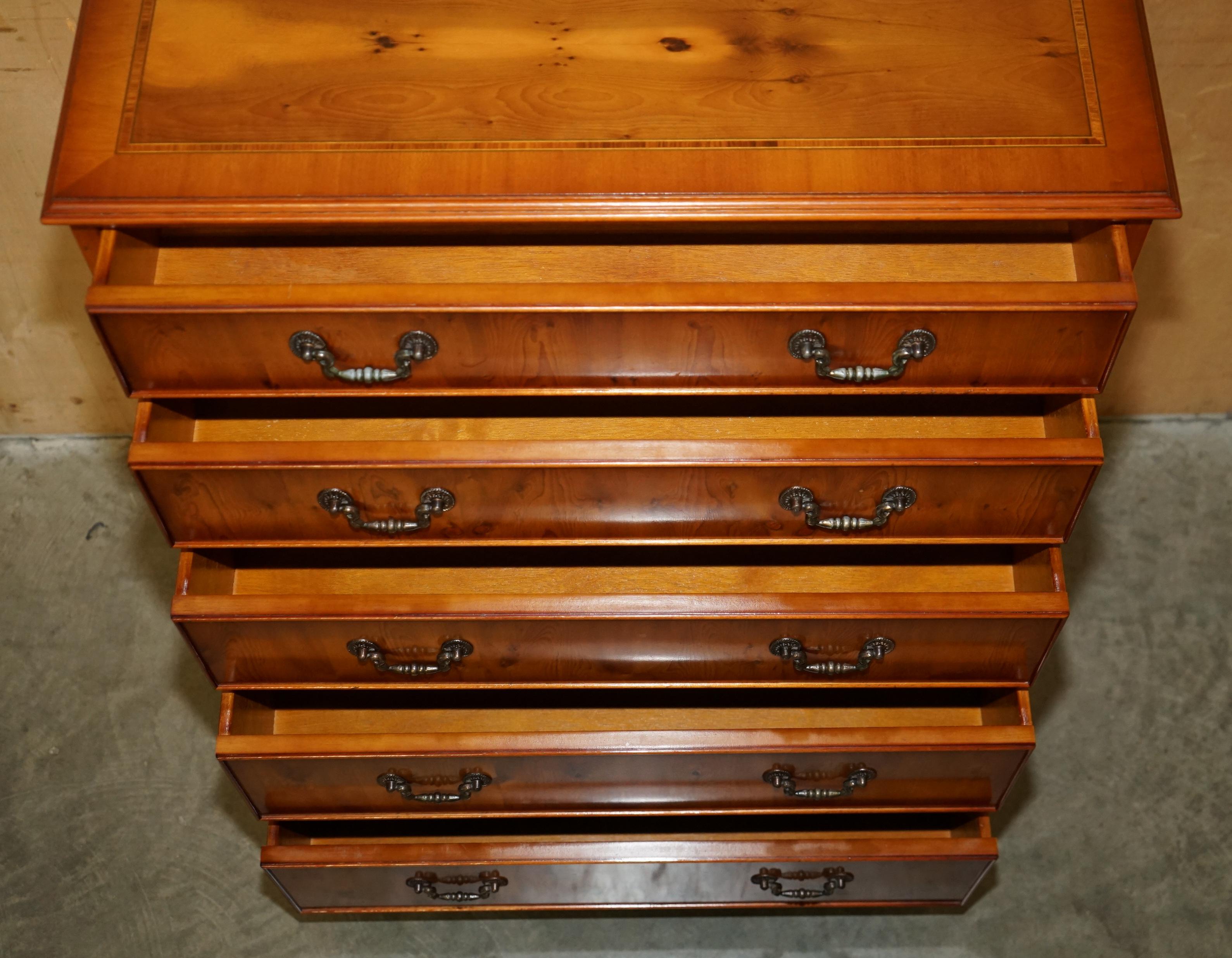 PAIR OF VERY LARGE 110CM TALL SHERATON REVIVAL BURR YEW CHESTS OF DRAWERs For Sale 5