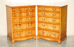 PAIR OF VERY LARGE 110CM TALL SHERATON REVIVAL BURR YEW CHESTS OF DRAWERs