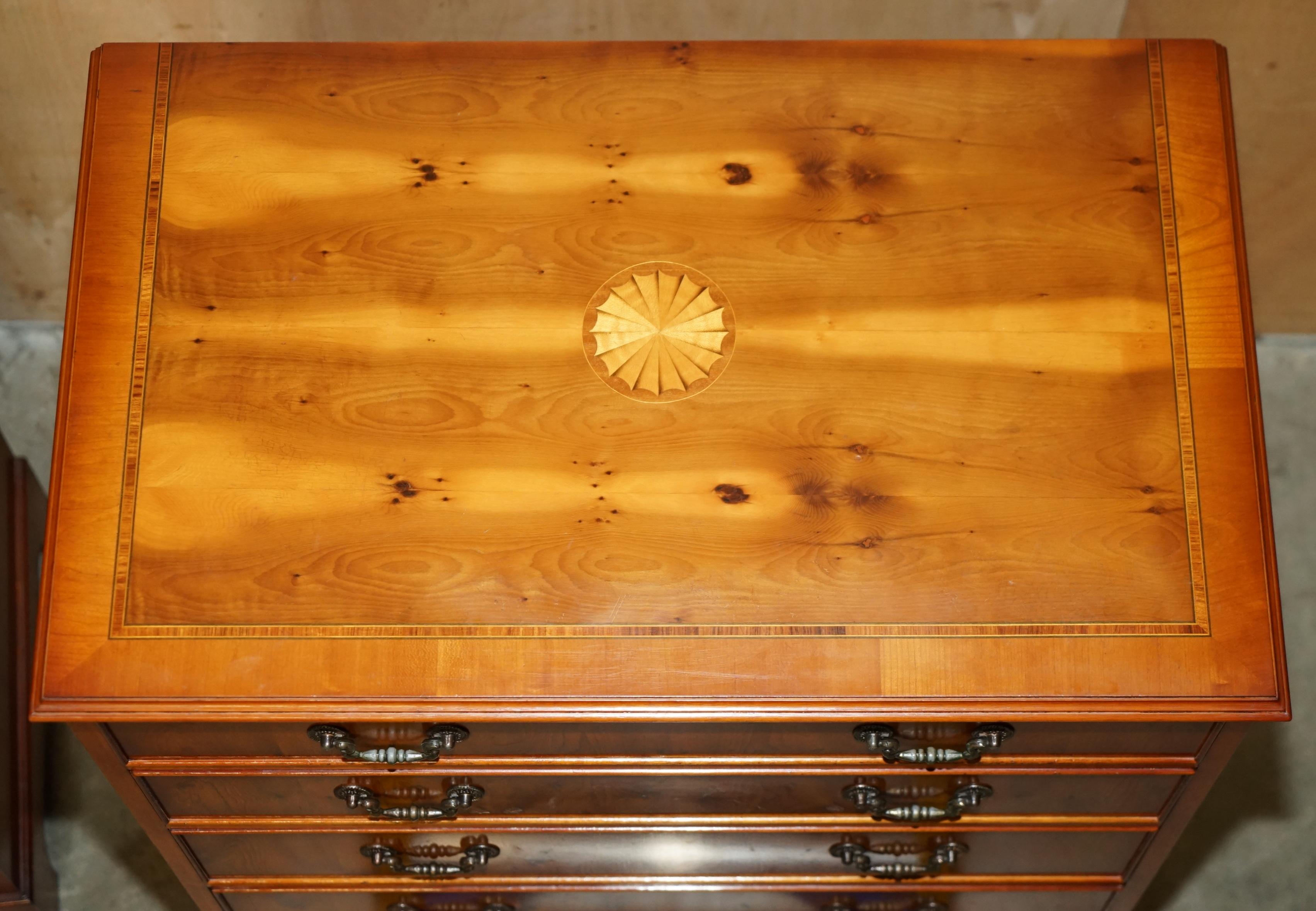 20th Century PAIR OF VERY LARGE 110CM TALL SHERATON REVIVAL BURR YEW CHESTS OF DRAWERs For Sale