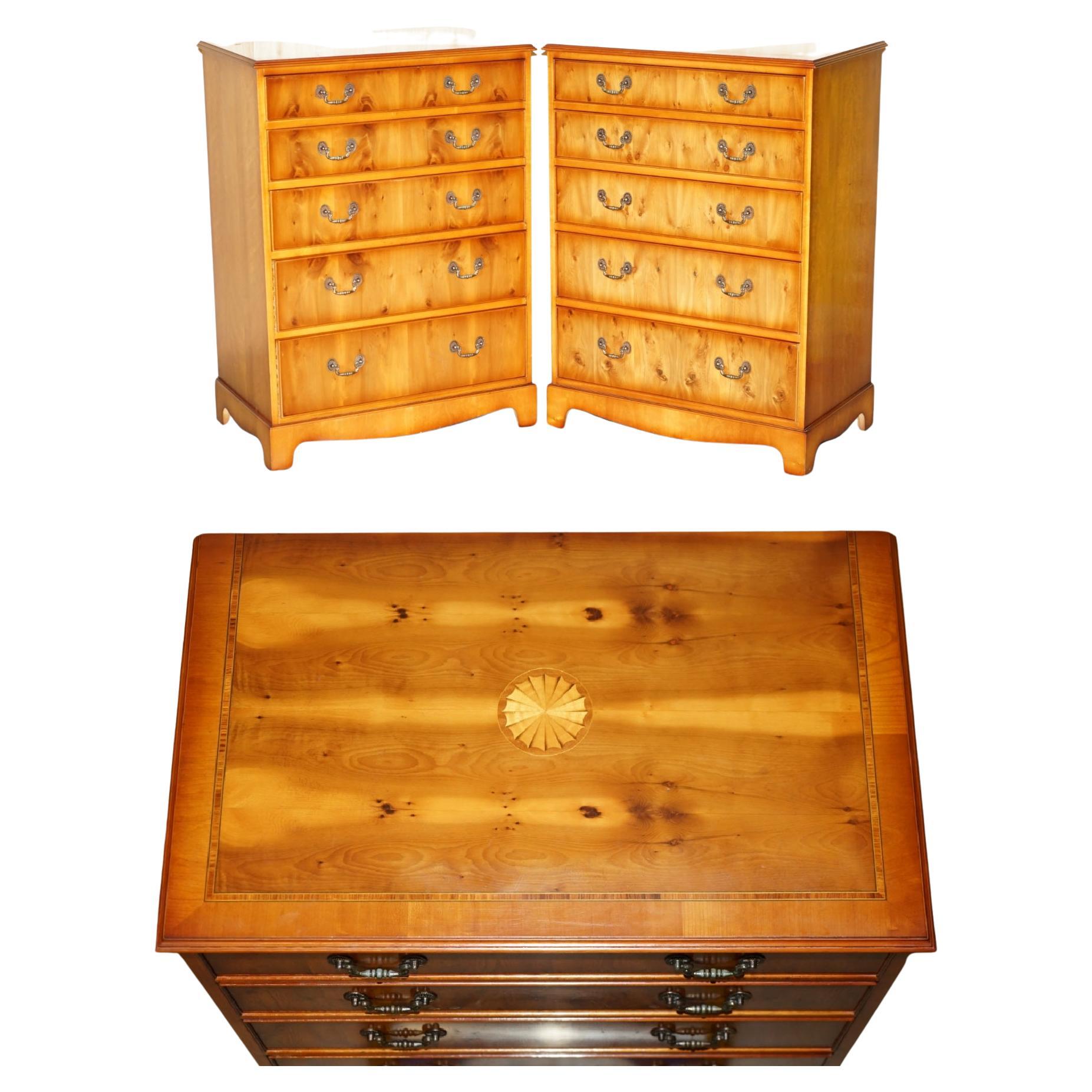 PAIR OF VERY LARGE 110CM TALL SHERATON REVIVAL BURR YEW CHESTS OF DRAWERs For Sale