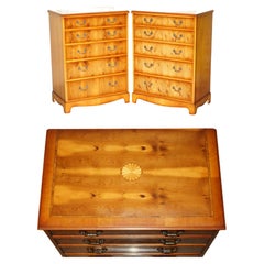PAIR OF VERY LARGE 110CM TALL SHERATON REVIVAL BURR YEW CHESTS OF DRAWERs