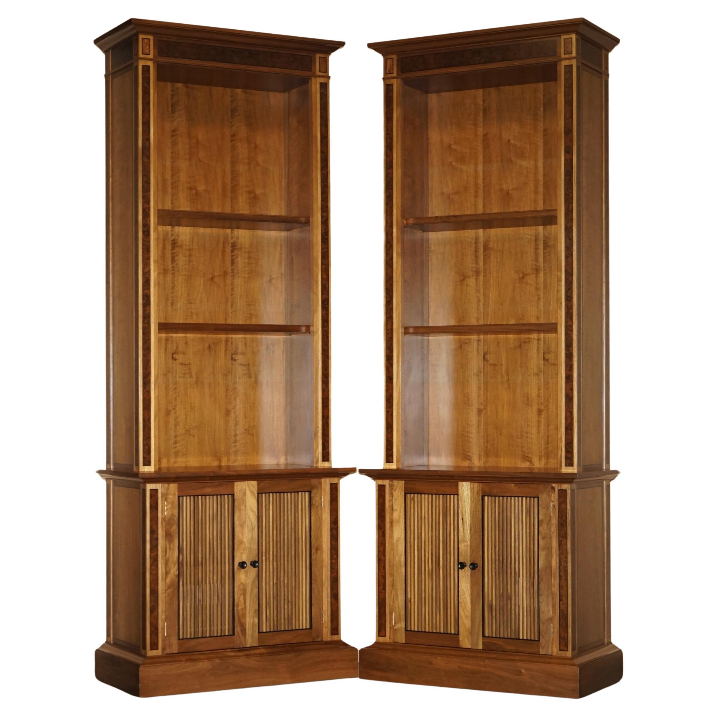 PAIR OF VERY LARGE 2.6 METER TALL BURR WALNUT DAVID LINLEY LIBRARY BOOKCASEs For Sale