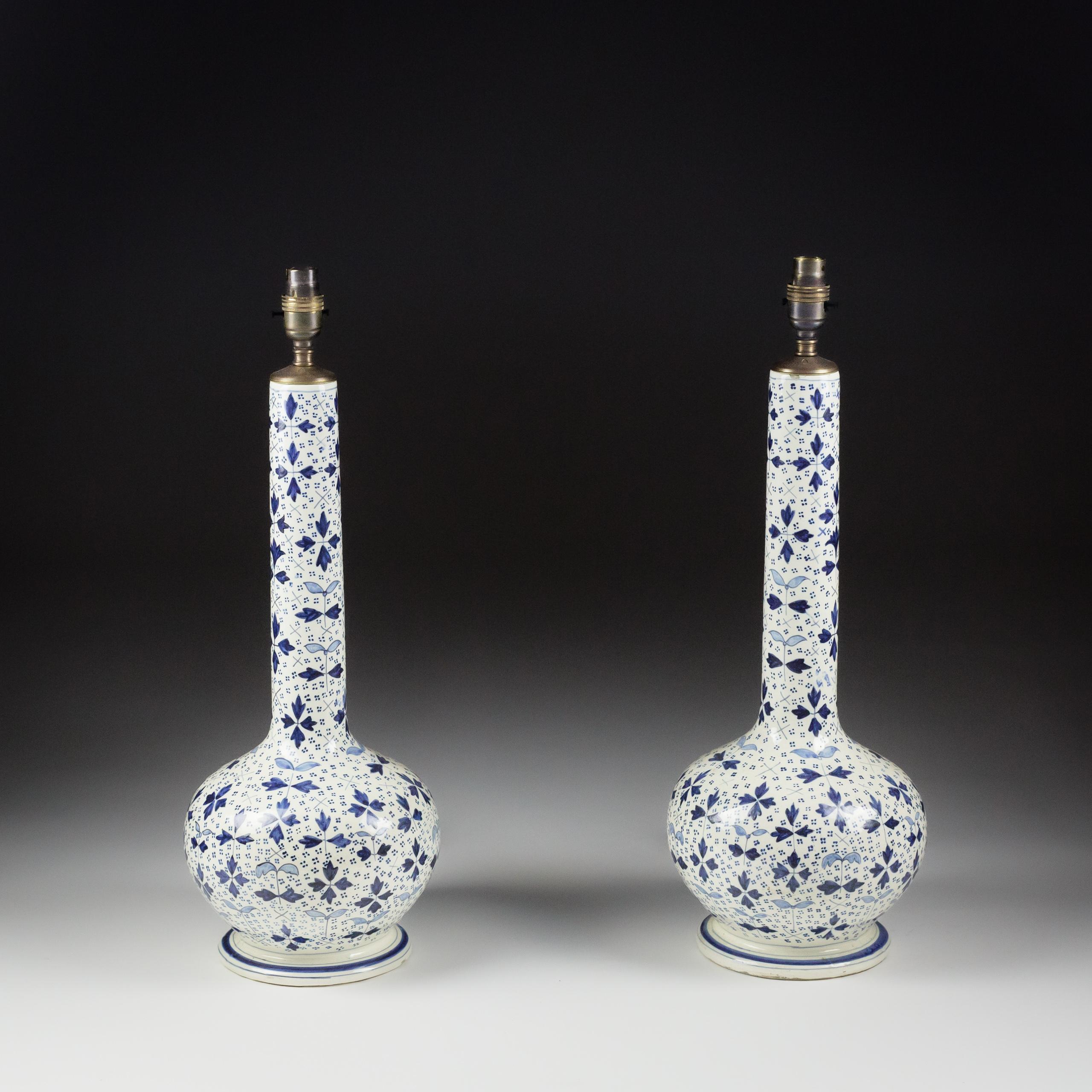 Pair of Large Blue and White Vase by Desvres, France. Now as Lamps, wired in antiques style flex and PAT tested.