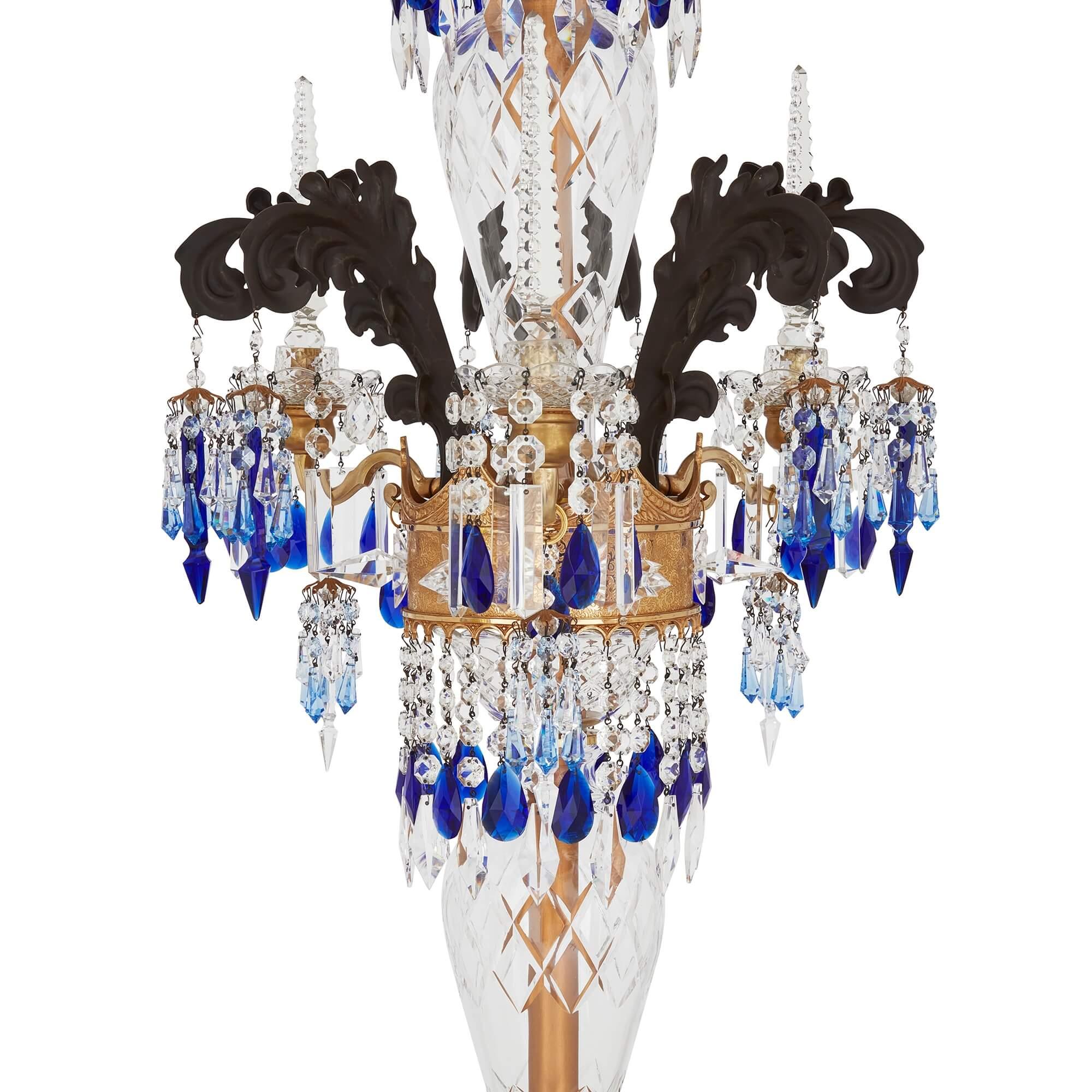 Belle Époque Pair of Very Large Bohemian Cut Glass, Bronze and Marble Candelabra For Sale
