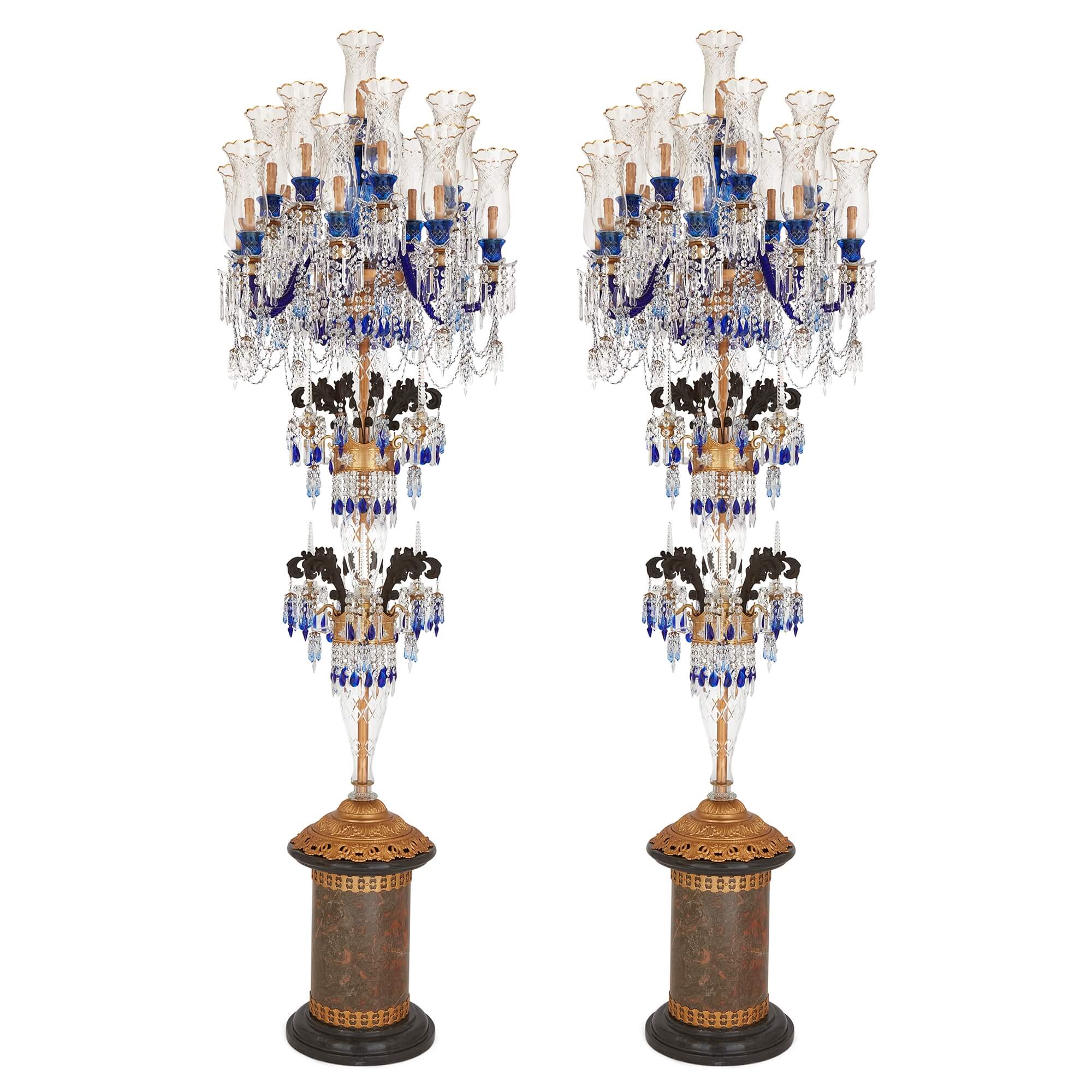 Pair of Very Large Bohemian Cut Glass, Bronze and Marble Candelabra