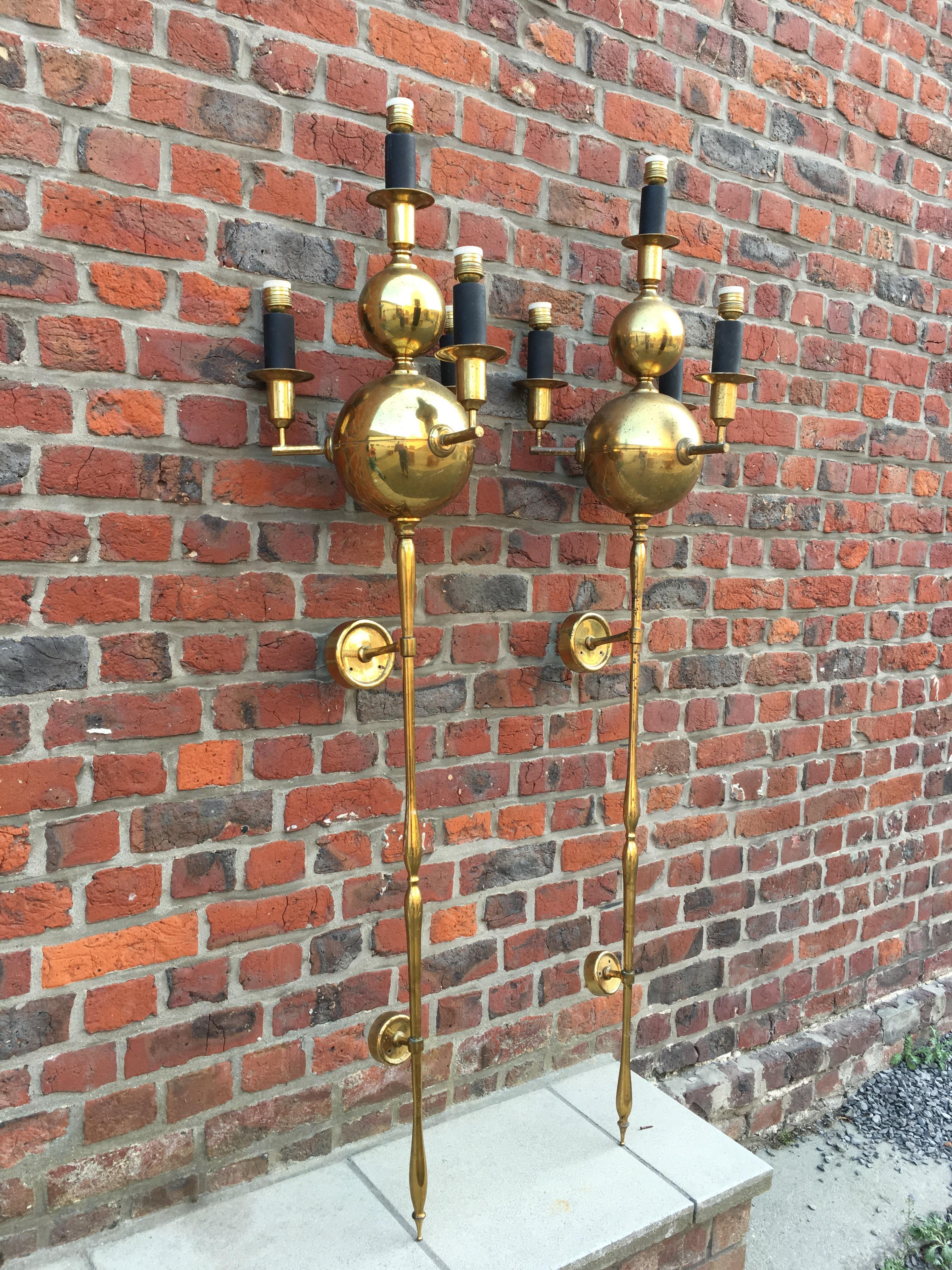 Baroque Revival Pair of Very Large Brass Sconces, circa 1950 For Sale