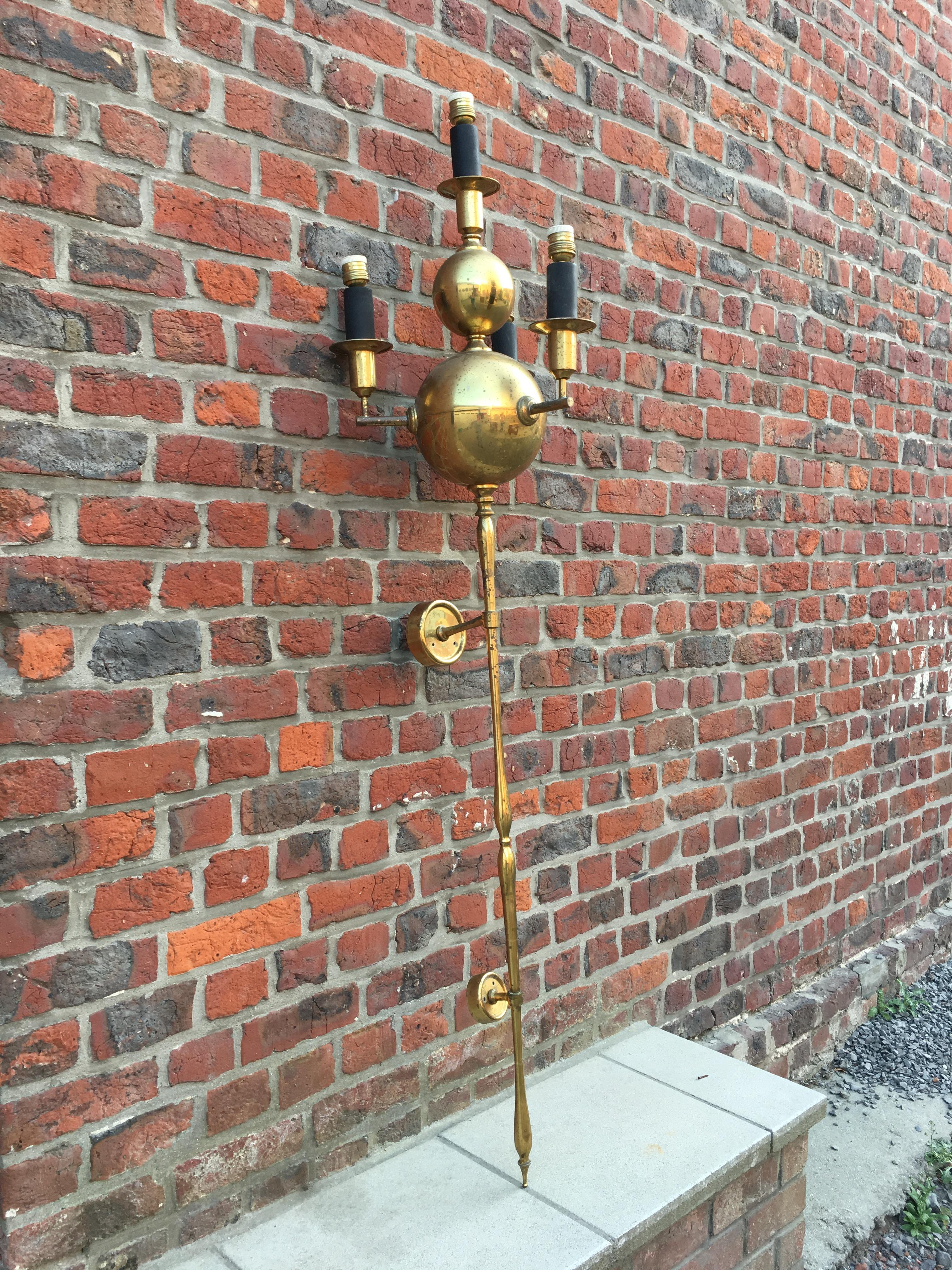 French Pair of Very Large Brass Sconces, circa 1950 For Sale