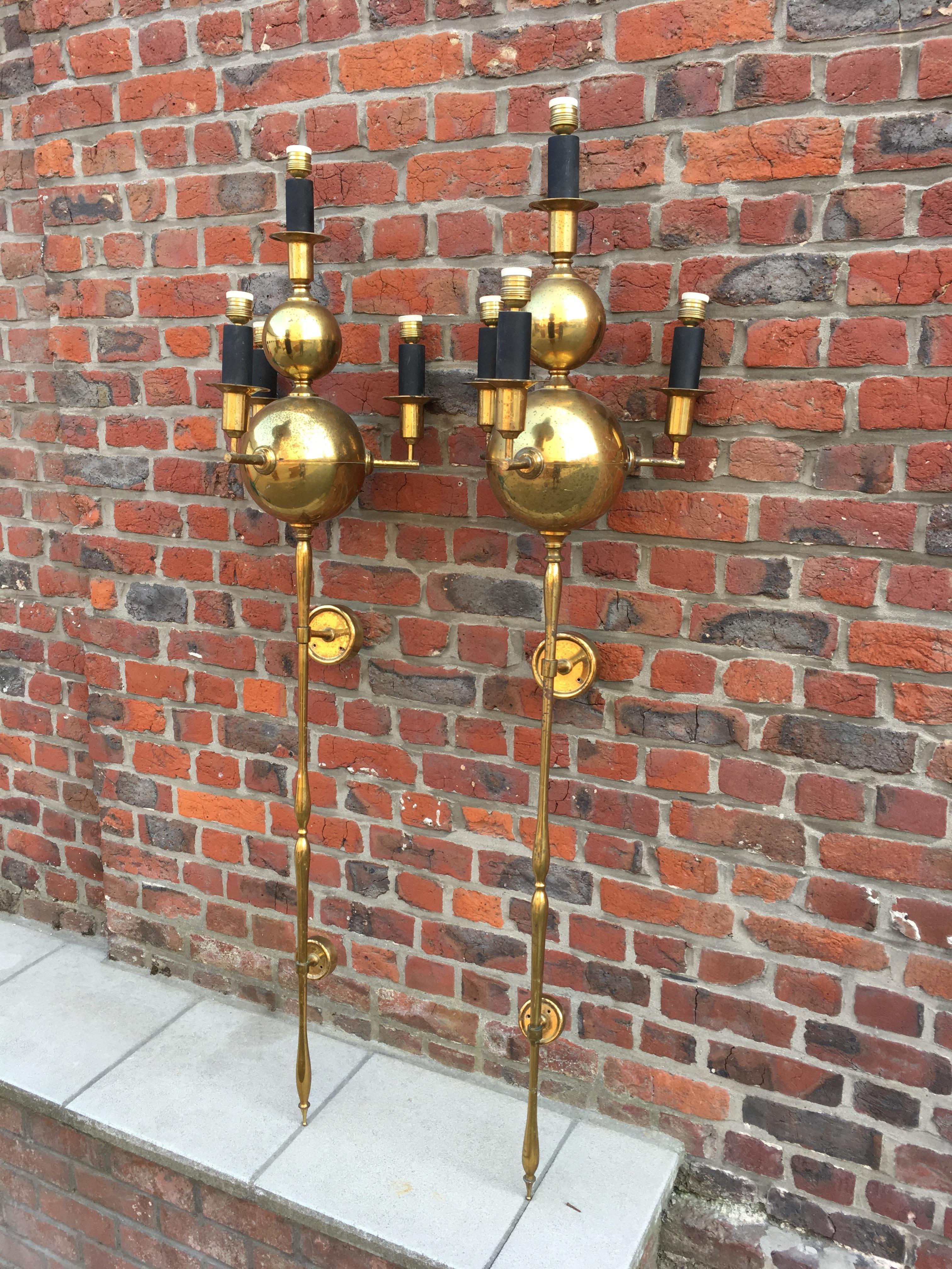 Pair of Very Large Brass Sconces, circa 1950 In Good Condition For Sale In Saint-Ouen, FR