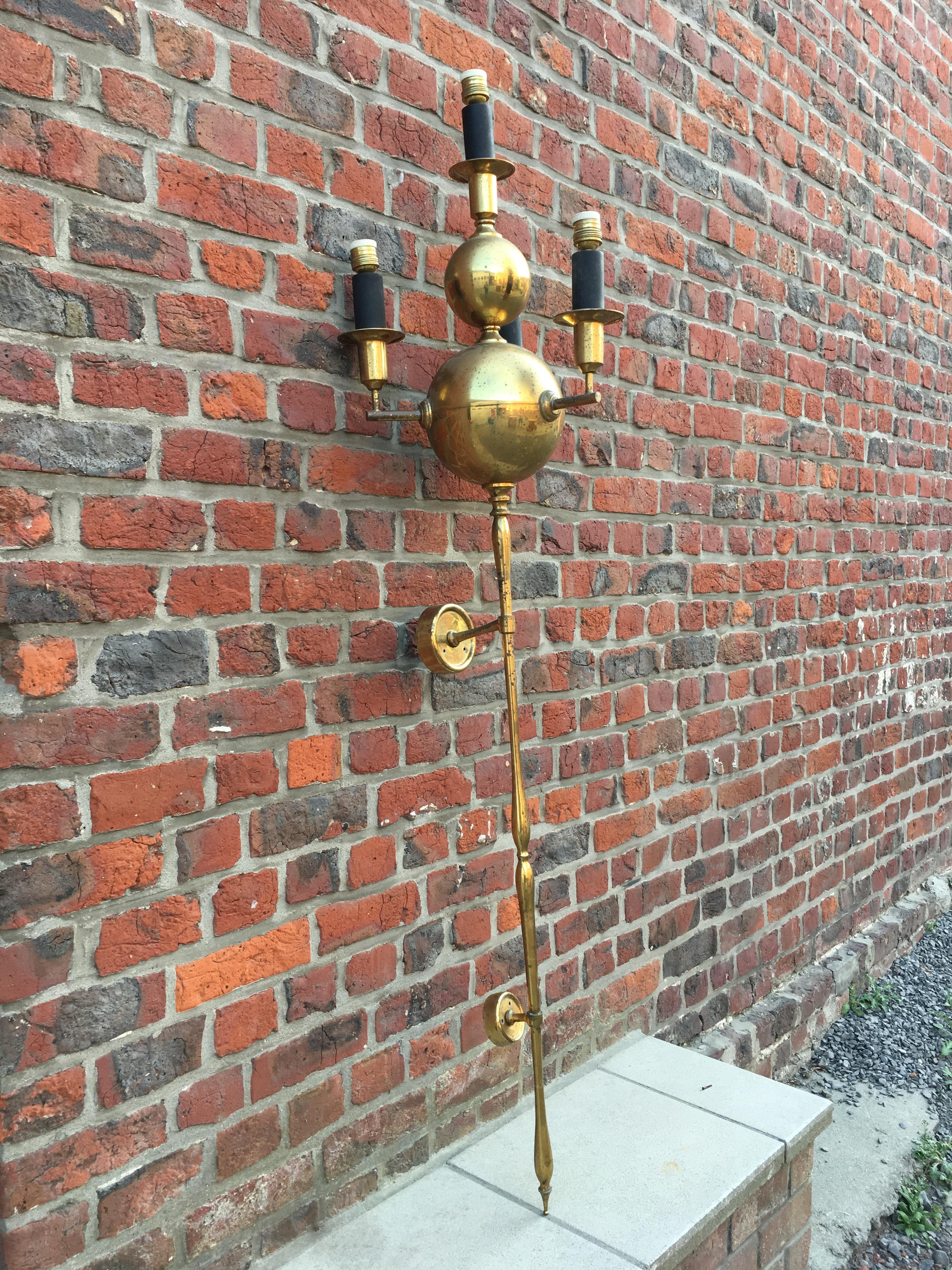 Mid-20th Century Pair of Very Large Brass Sconces, circa 1950 For Sale